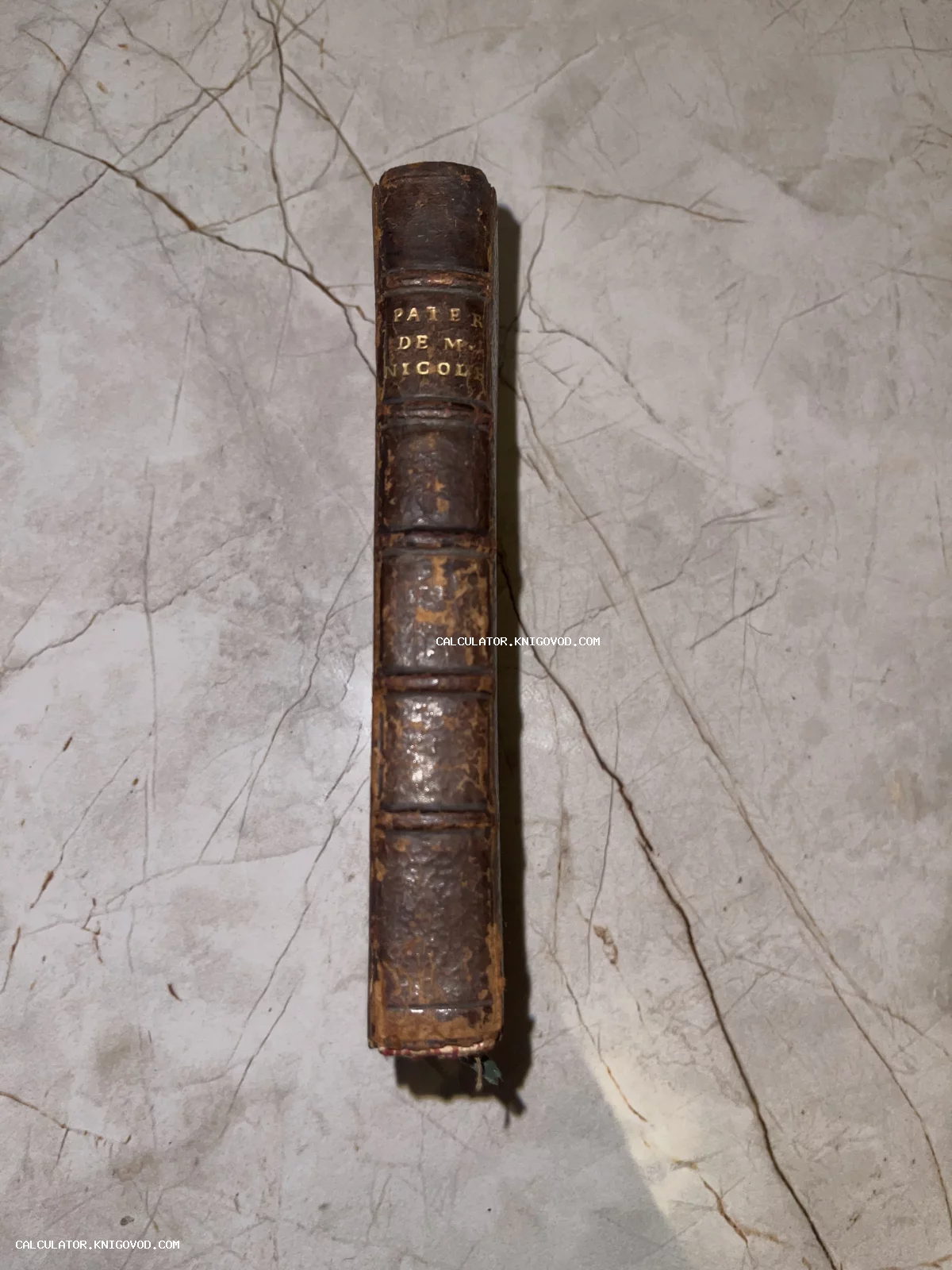 Вид сверху на корешок старинной книги в коричневом кожаном переплете с золотым тиснением PATER DE M. NICOLE.