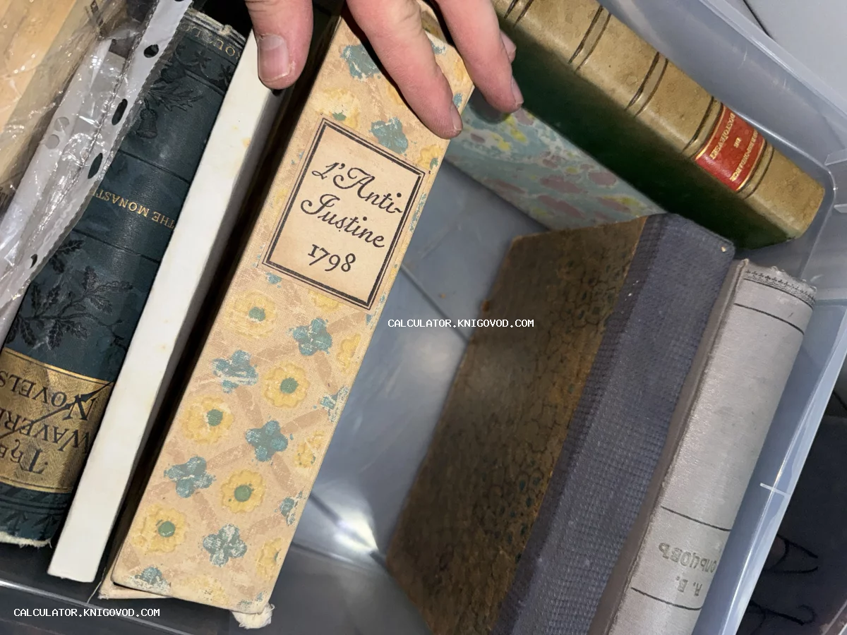 Корешок старинной книги L'Anti-Justine 1798 с цветочным орнаментом в руках человека среди других антикварных томов.