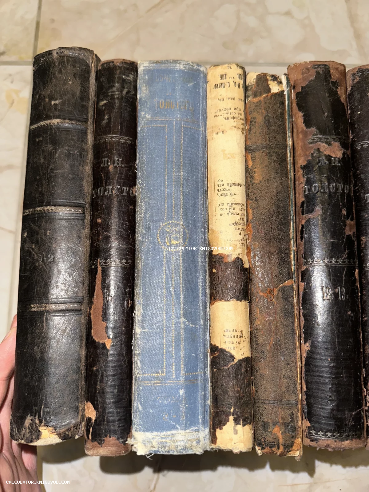 Ряд старинных томов Льва Николаевича Толстого с потертыми кожаными и тканевыми корешками.