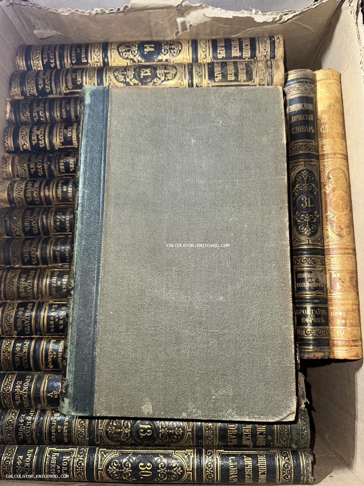 Старинные тома Энциклопедического словаря Брокгауза и Ефрона с золотым тиснением в картонной коробке.