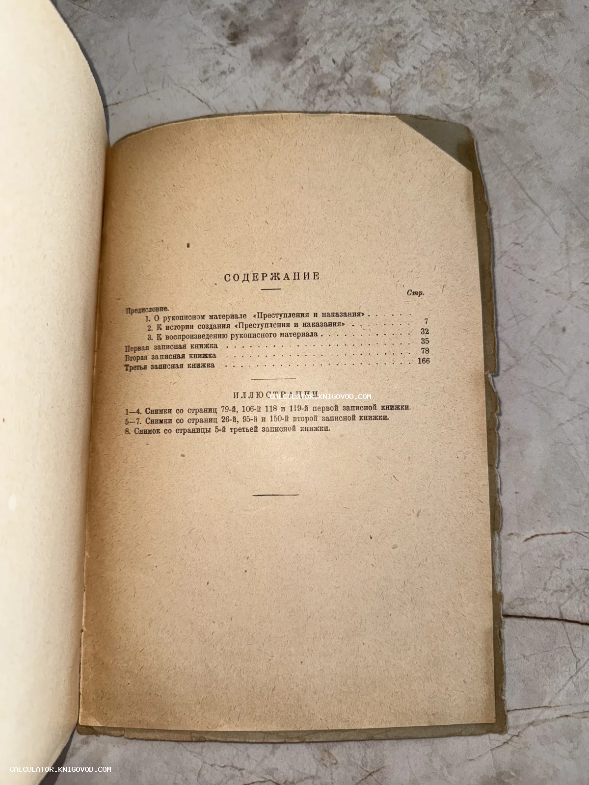 Старинная книжная страница с оглавлением, перечисляющим главы о записных книжках Достоевского и списке иллюстраций.