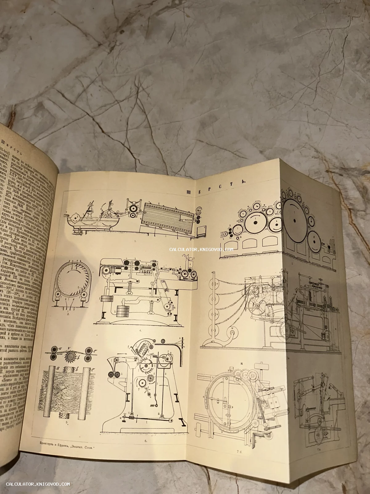 Развернутая страница антикварной книги с техническими гравюрами станков для обработки шерсти.