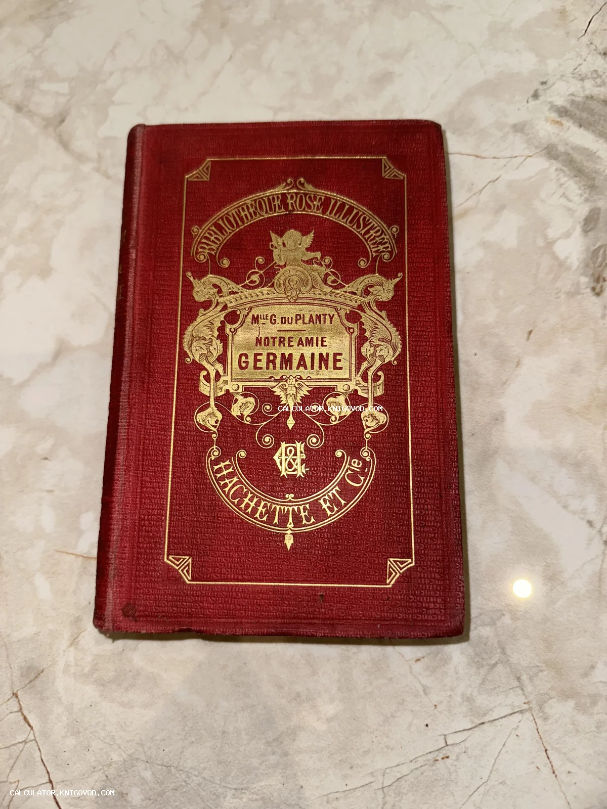 Старинная французская книга в красном коленкоровом переплете с богатым золотым тиснением на обложке.