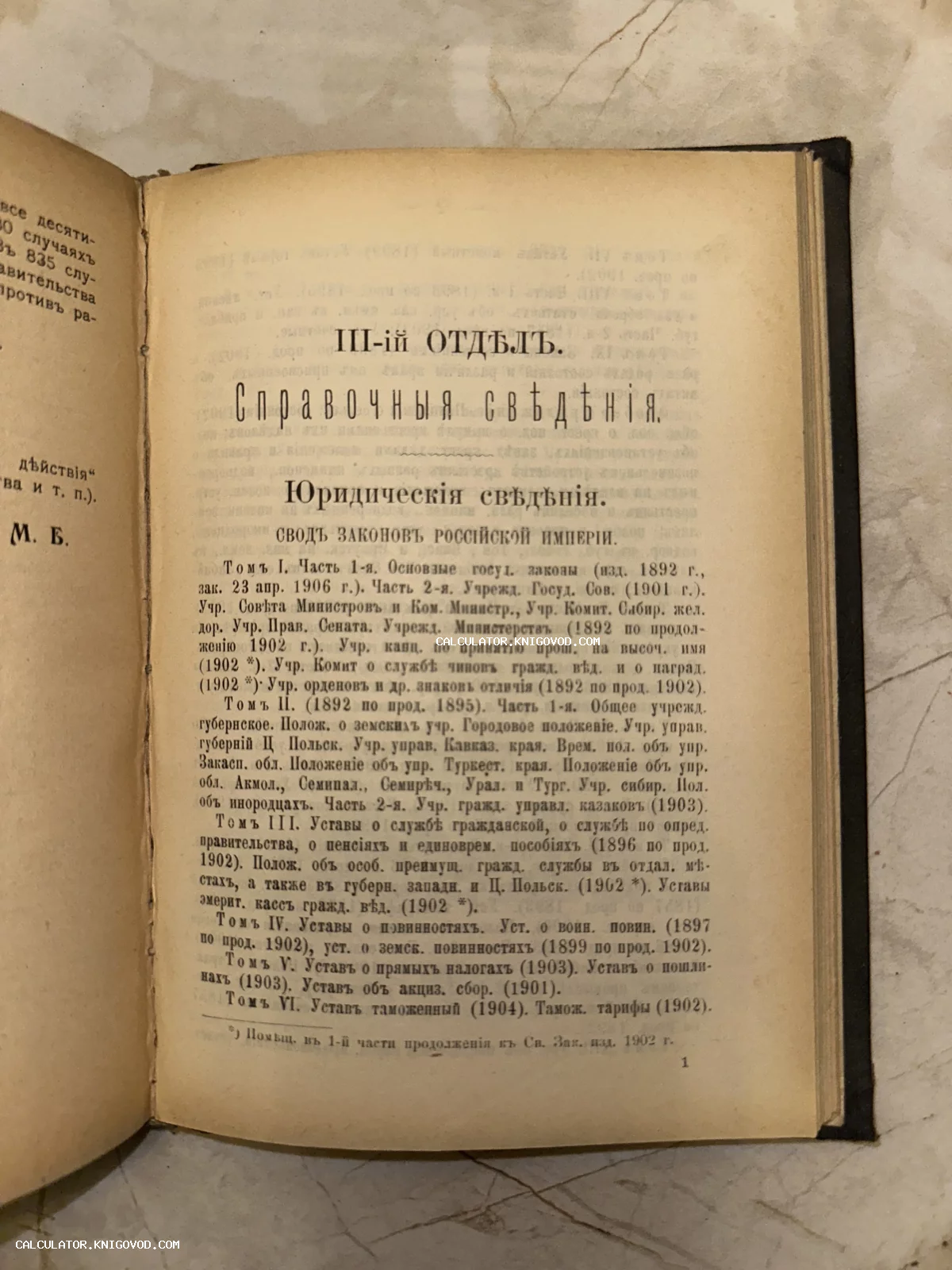 Разворот антикварной книги с заголовком «Юридические сведения» и перечнем томов Свода законов Российской империи начала XX века.