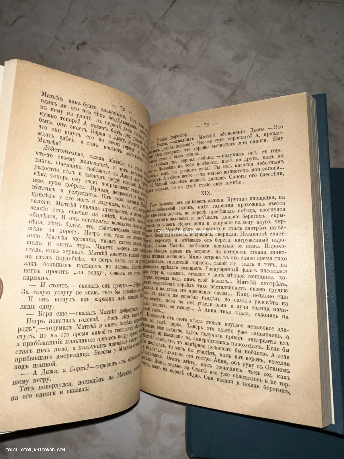 Разворот открытой антикварной книги с пожелтевшими страницами и текстом на русском языке в дореволюционной орфографии с буквами ять и ер.