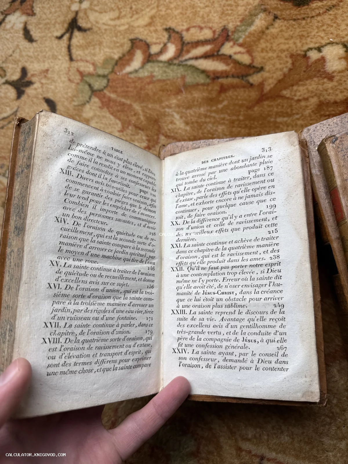 Разворот открытой антикварной книги на французском языке с оглавлением глав на пожелтевшей бумаге.