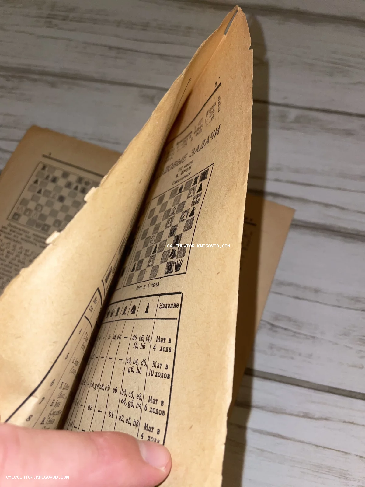 Разворот старой книги с шахматными диаграммами и таблицами ходов на пожелтевшей бумаге.