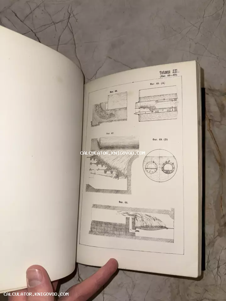 Разворот антикварной книги с техническими чертежами, пронумерованными как Таблица XXI. Изображены детальные схемы промышленных установок и инженерных конструкций.