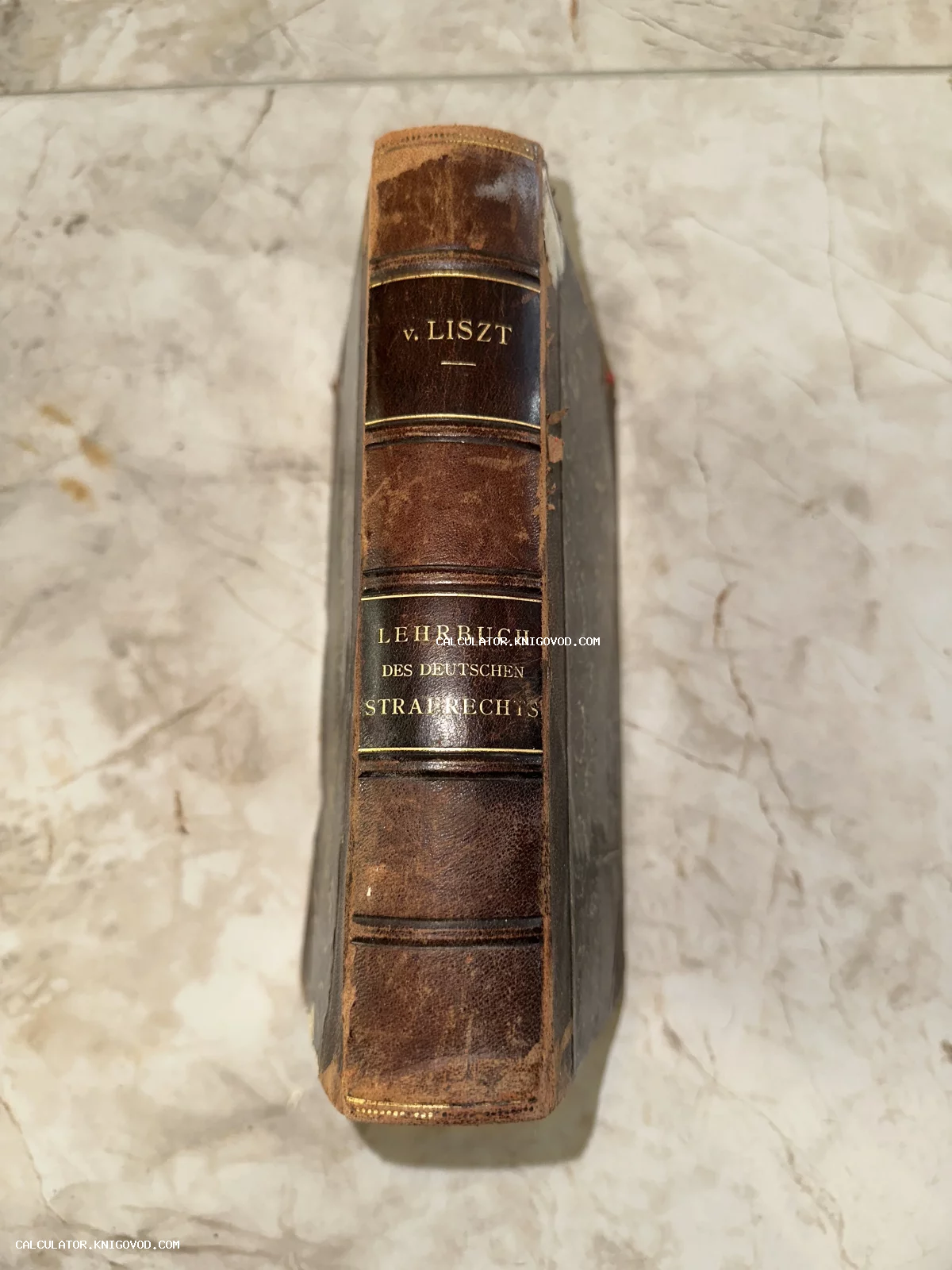 Корешок старинной книги в кожаном переплете с надписью Lehrbuch des deutschen Strafrechts, автор v. Liszt