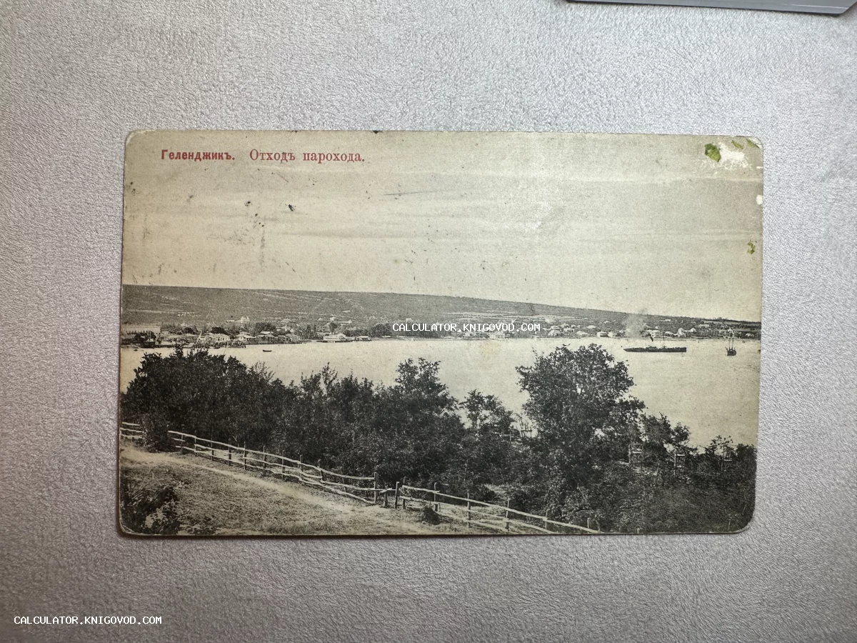 Дореволюционная черно-белая открытка с видом на бухту Геленджика, уходящий пароход и прибрежный пейзаж.