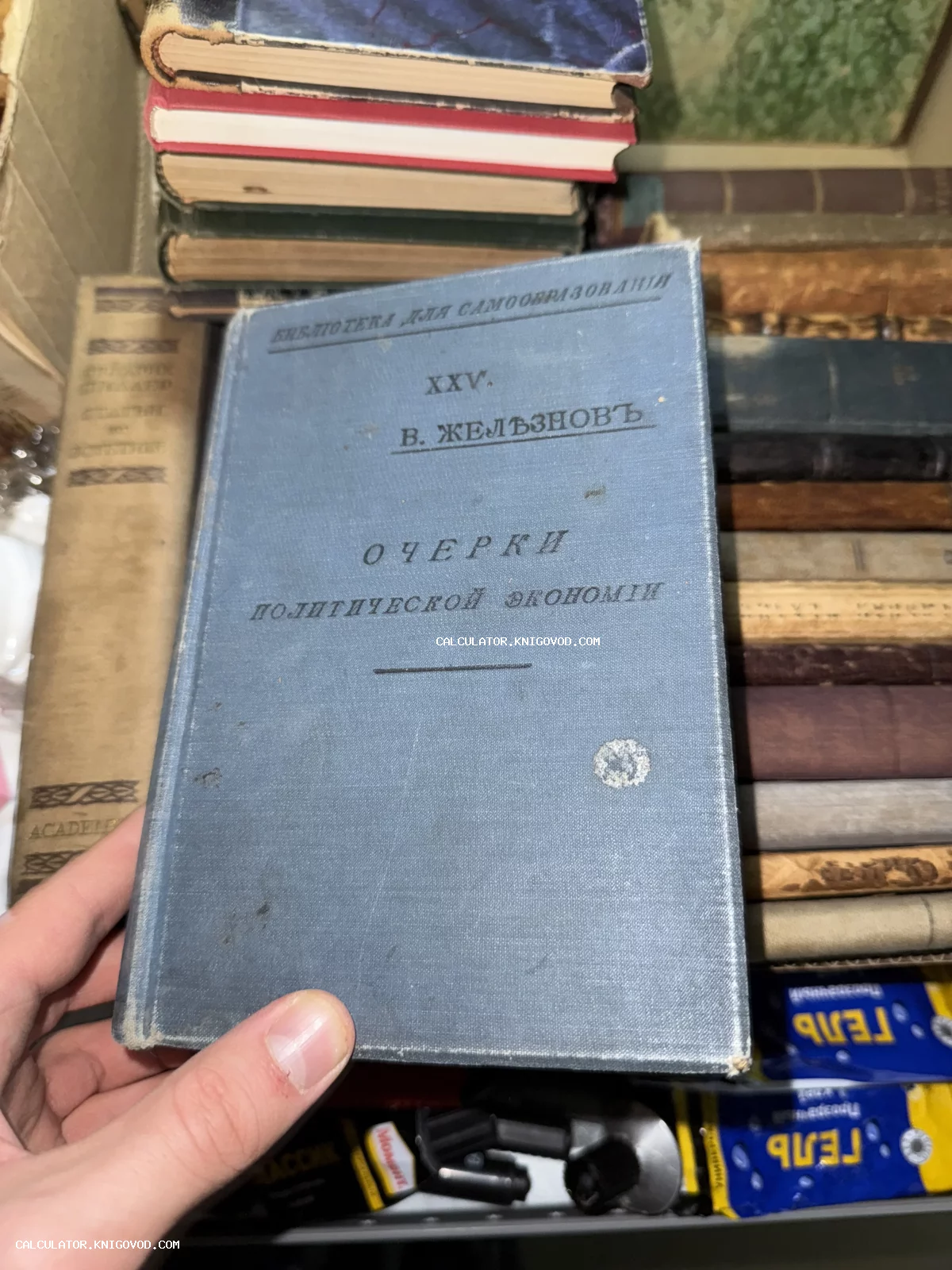 Старинная книга В. Железнова «Очерки политической экономии» в синем коленкоровом переплете из серии Библиотека для самообразования.