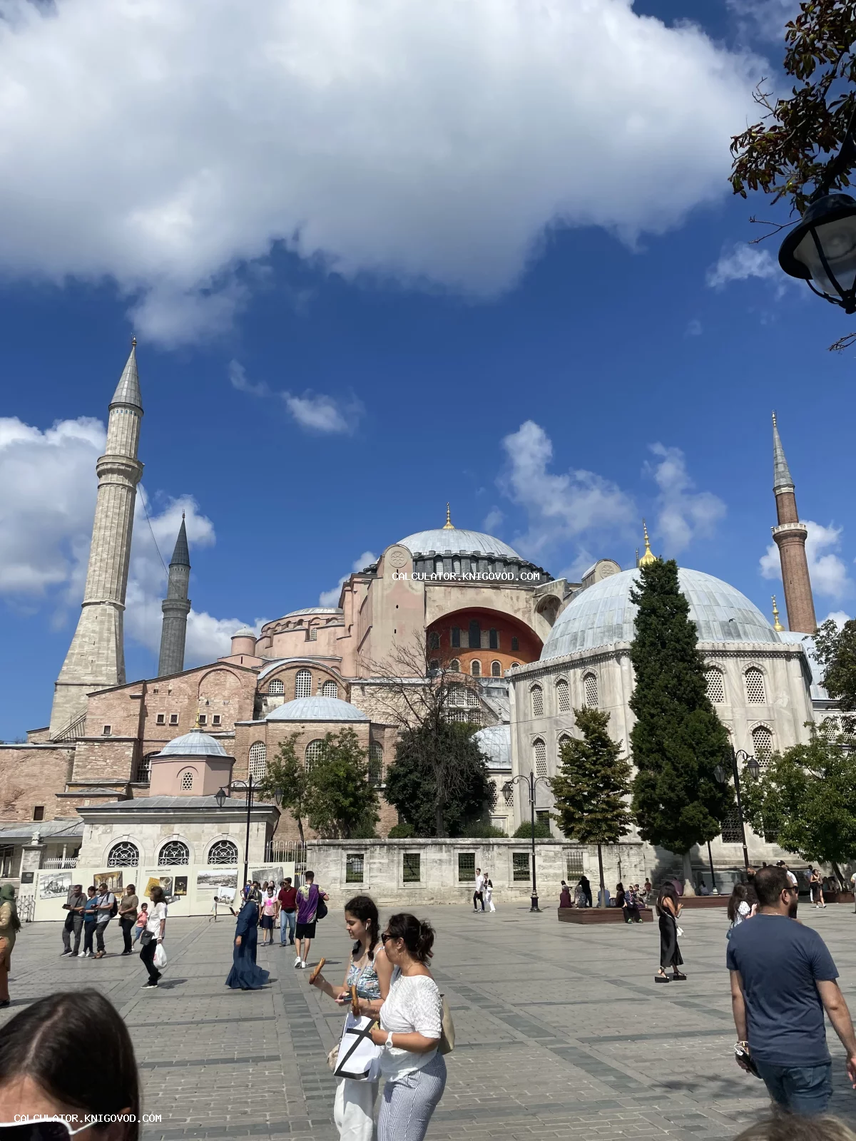 Вид на собор Святой Софии в Стамбуле с массивными куполами и высокими минаретами под ярко-голубым небом.