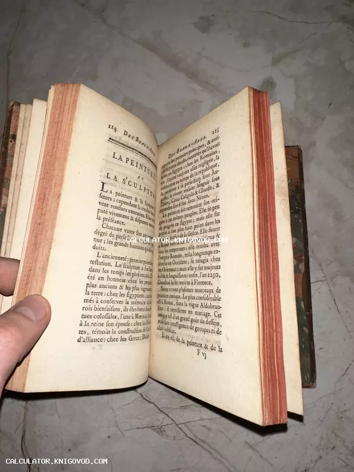 Разворот старинной книги на французском языке с текстом о живописи и скульптуре, красные крапчатые обрезы страниц.
