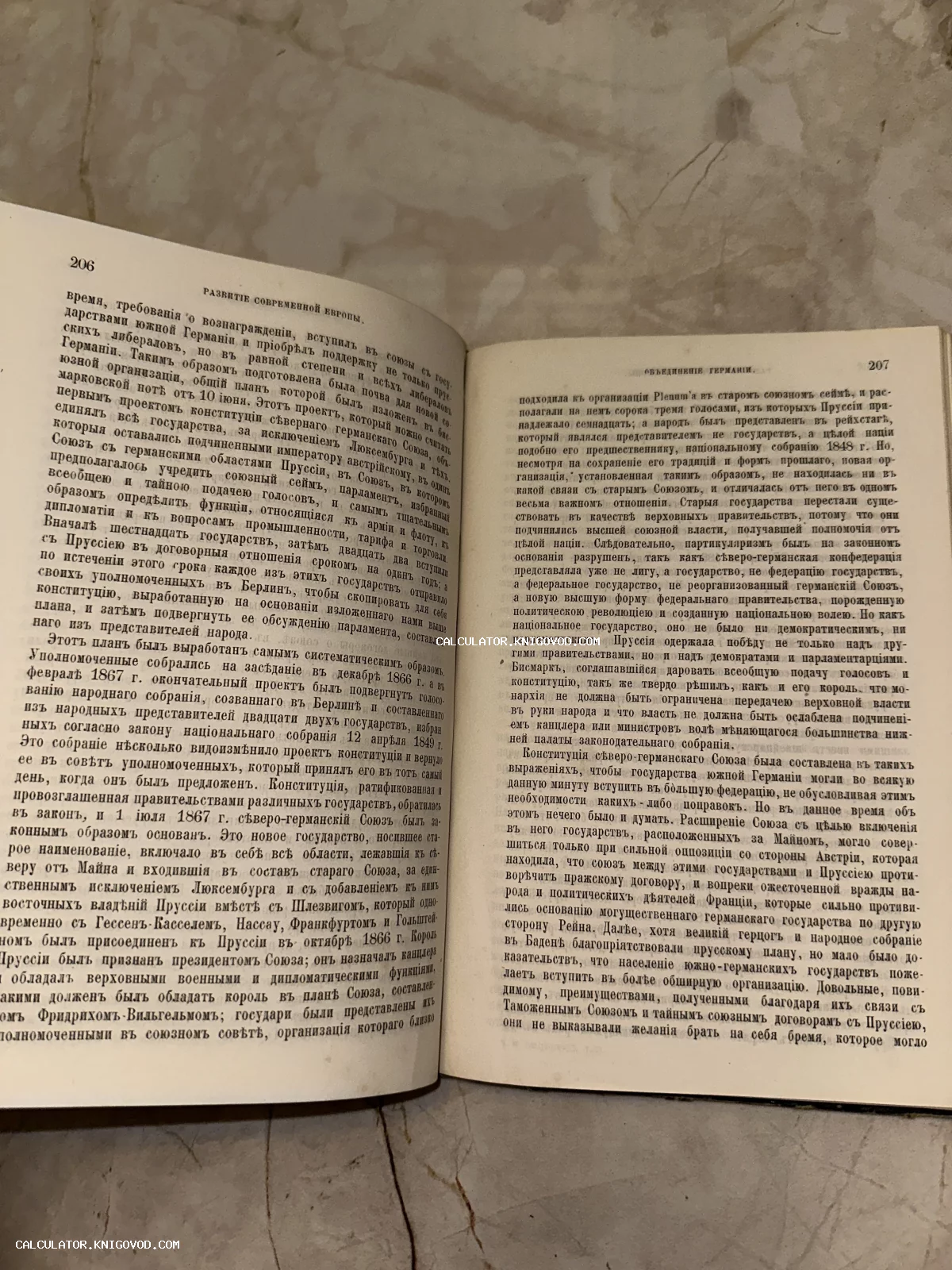 Разворот антикварной книги с текстом на дореволюционном русском языке, страницы 206 и 207, главы «Развитие современной Европы» и «Объединение Германии».