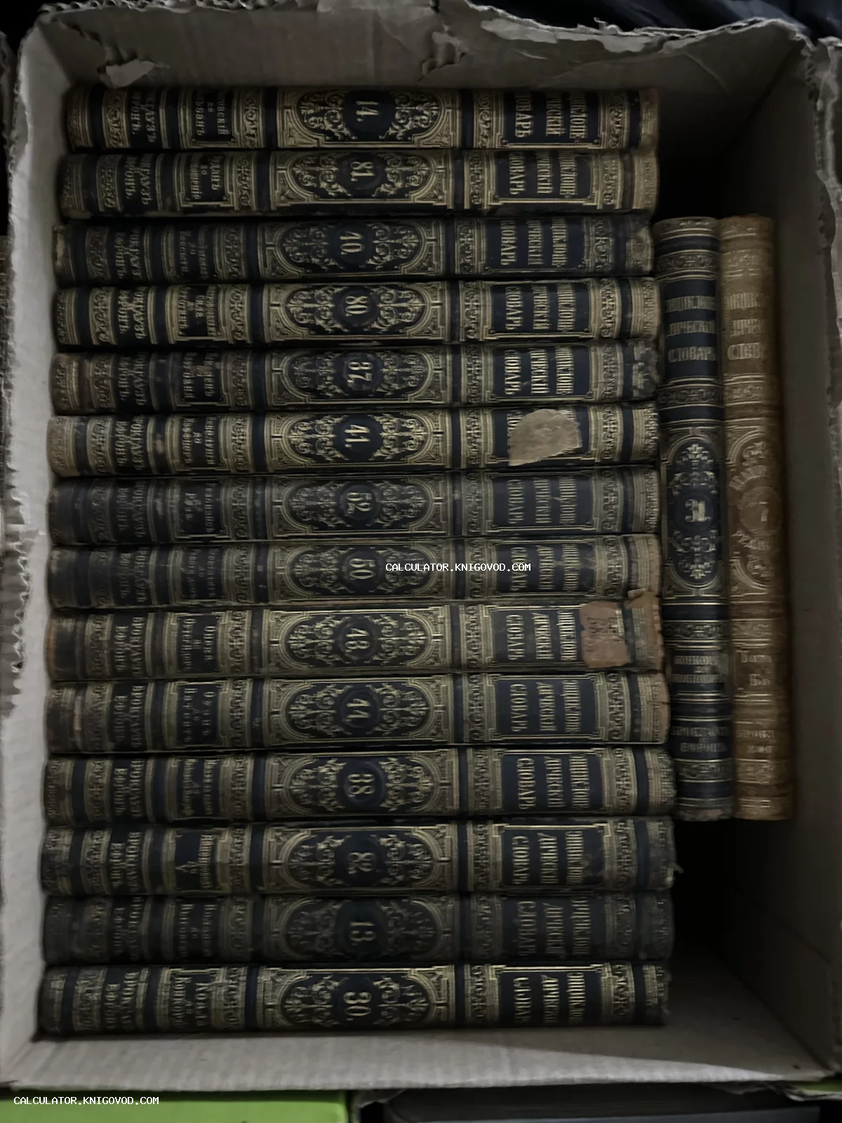 Старинные книги с золотым тиснением на корешках, сложенные в картонную коробку. На переплетах видны номера томов и фамилии издателей Брокгауз и Ефрон.