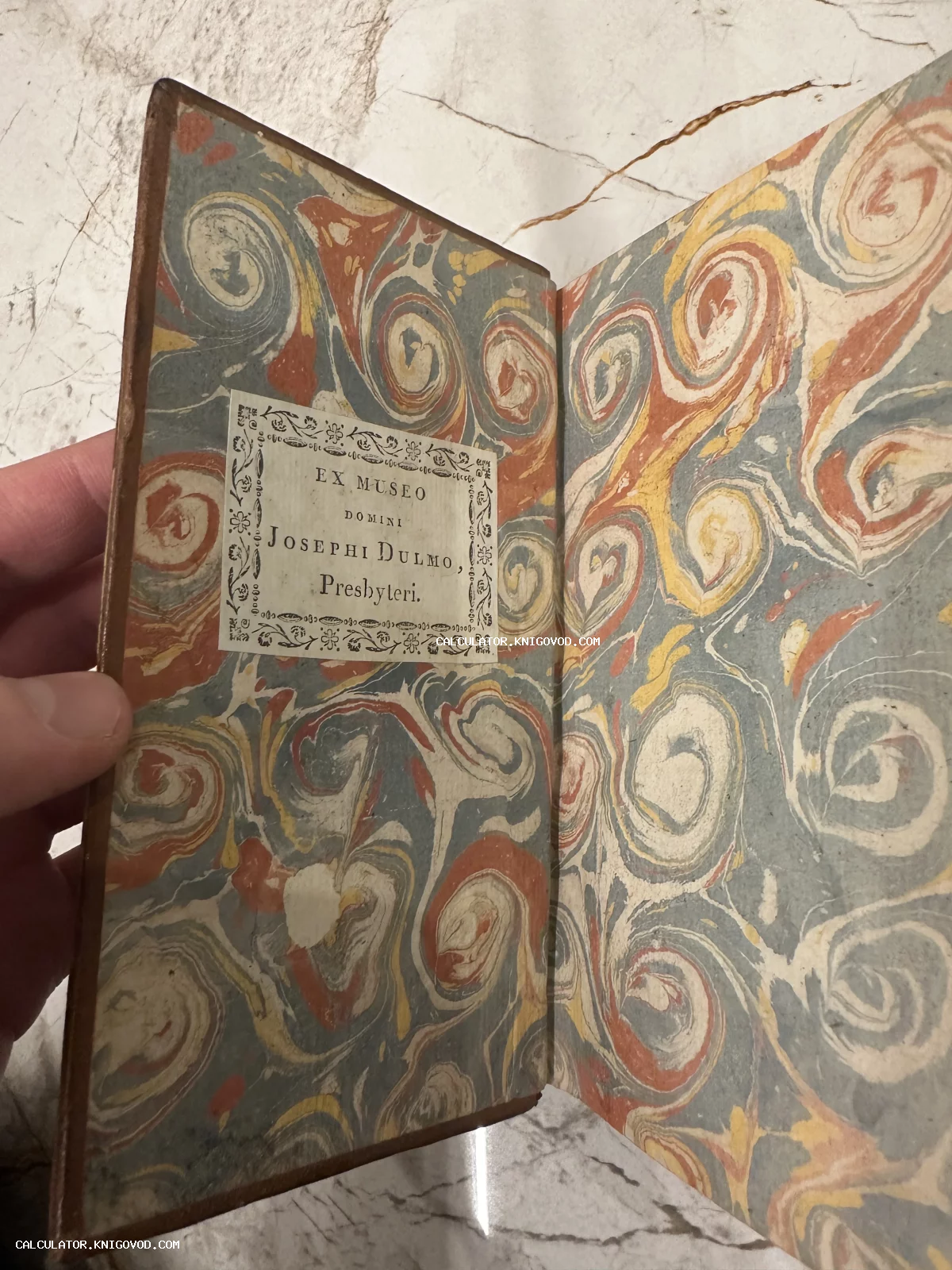 Разворот антикварной книги с ручным мраморированием бумаги и книжным знаком Josephi Dulmo.