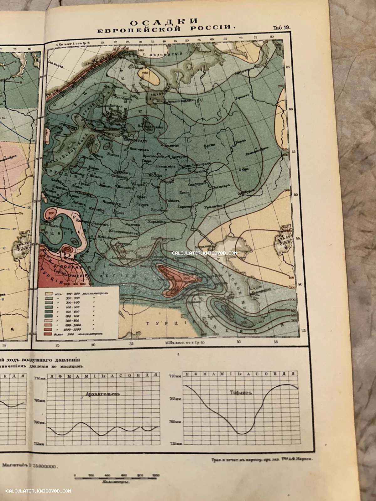 Старинная цветная карта Европейской части Российской империи с зонами осадков и графиками атмосферного давления.