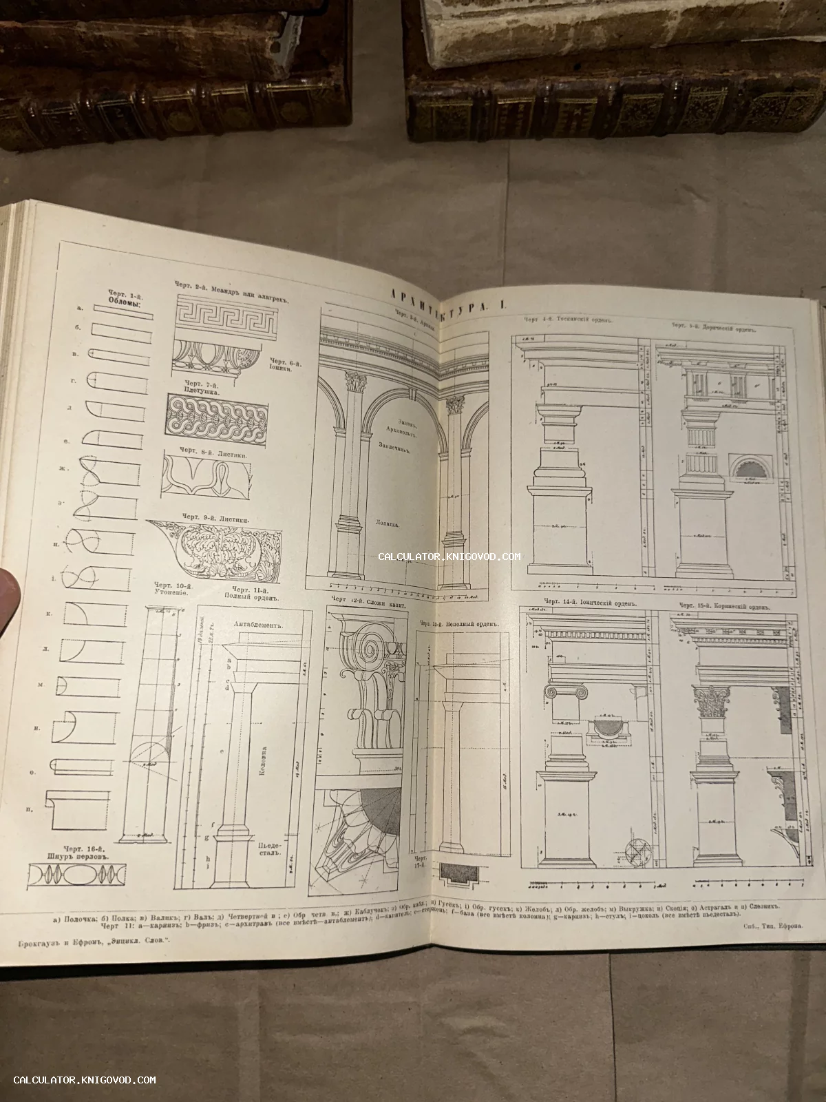 Разворот старой книги с подробными чертежами классических колонн, капителей и декоративных элементов архитектуры.