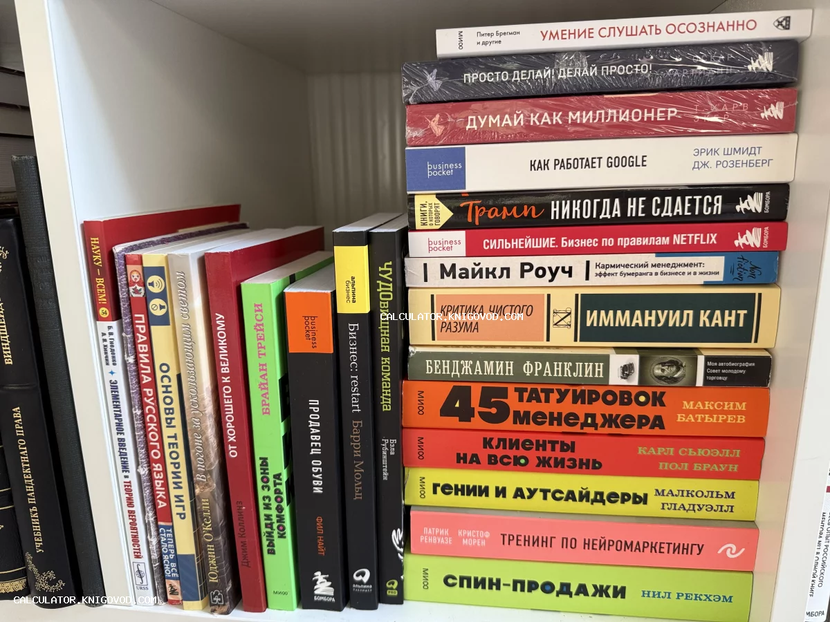 Полка с современными книгами по бизнесу, философии и психологии в мягких и твердых переплетах.