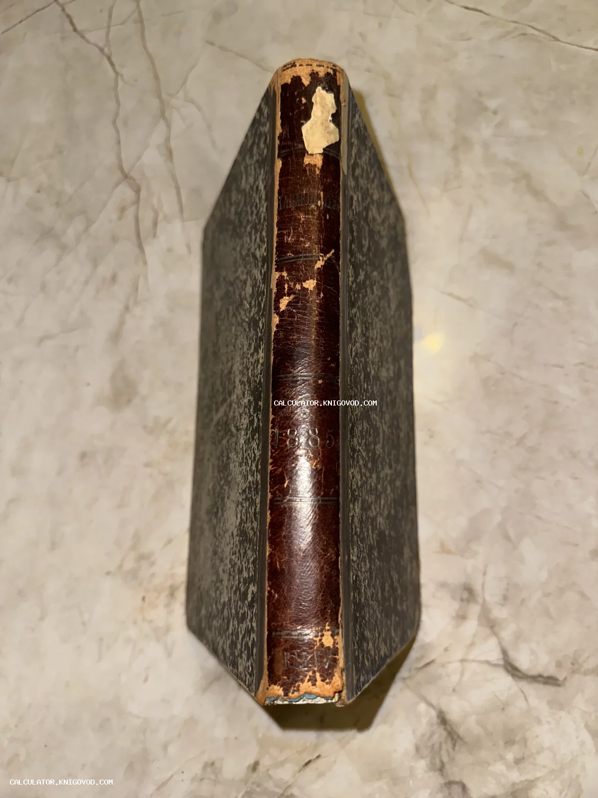 Вид сверху на корешок антикварной книги в кожаном переплете с тисненой датой 1885.