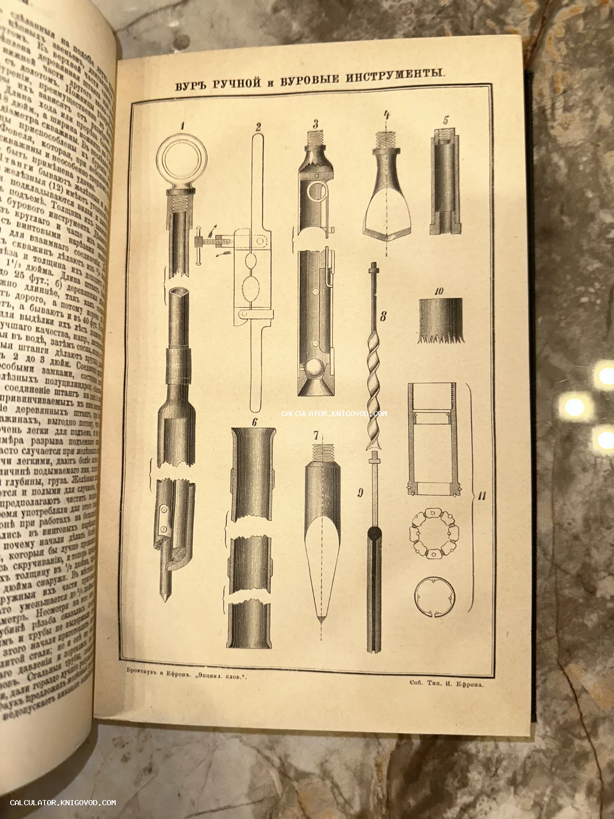 Гравюра с чертежами ручных буров и буровых инструментов на странице антикварной энциклопедии.