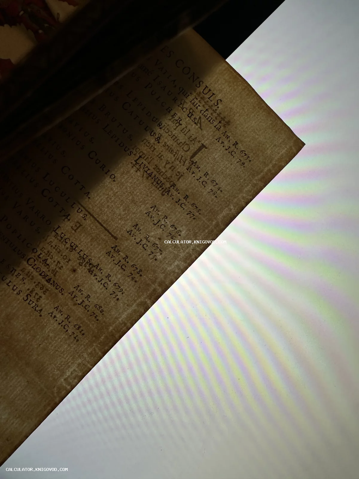 Макросъемка страницы старинной книги на французском языке с перечнем имен римских консулов и историческими датами на пожелтевшей бумаге.