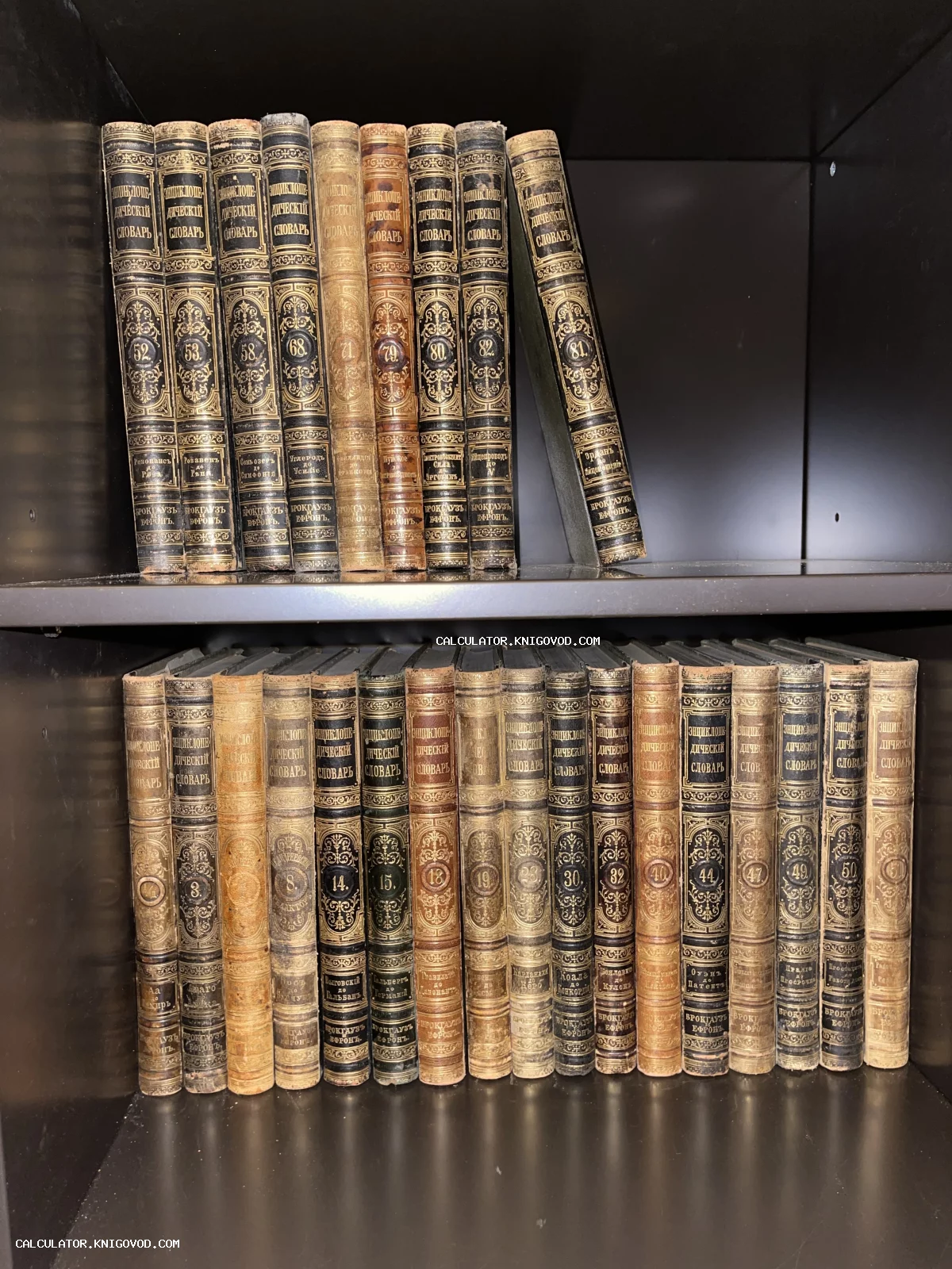 Старинные тома Энциклопедического словаря Брокгауза и Ефрона с золотым тиснением на книжных полках.