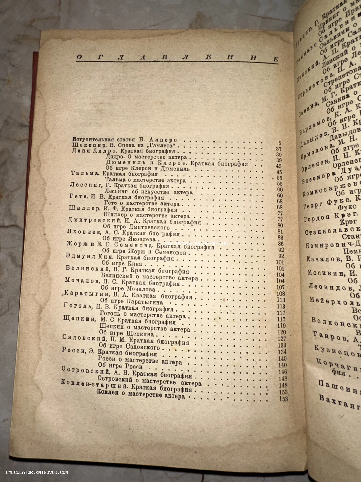 Разворот старинной книги с заголовком Оглавление, содержащий список имен классиков театра и литературы.