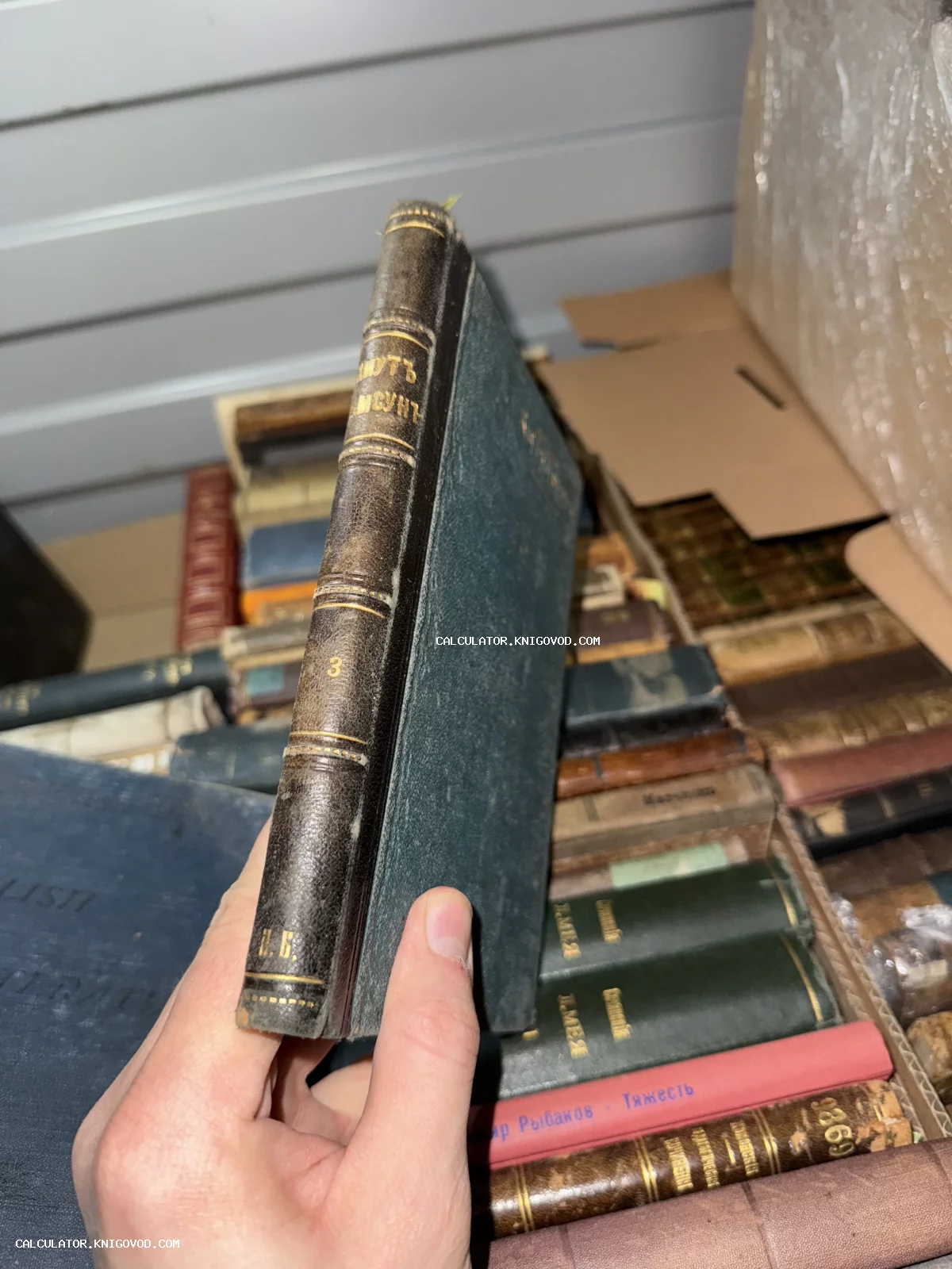 Старинная книга с кожаным корешком и золотым тиснением 'Кнутъ Гамсунъ' в руках коллекционера.