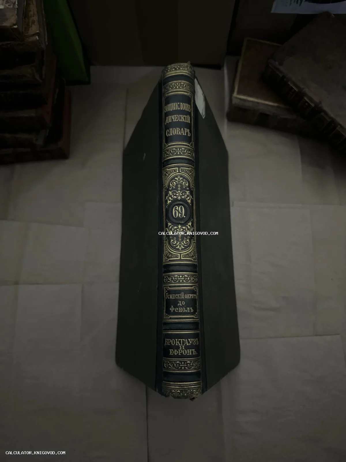 Корешок антикварной книги в темно-зеленом переплете с золотым тиснением и надписью Брокгауз и Ефрон.