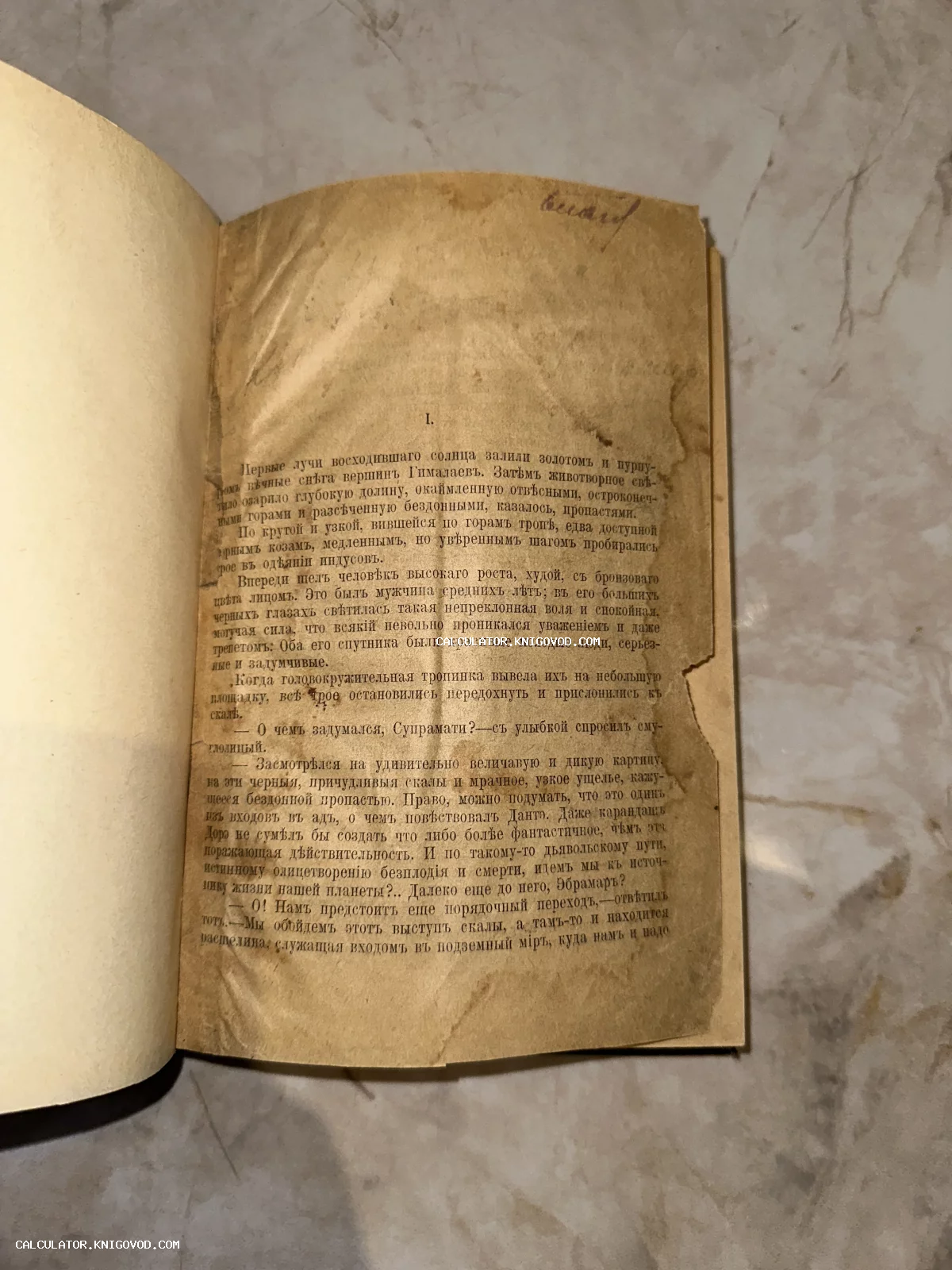 Разворот старинной книги с текстом на дореволюционном русском языке, пожелтевшая бумага с пятнами и неровными краями.