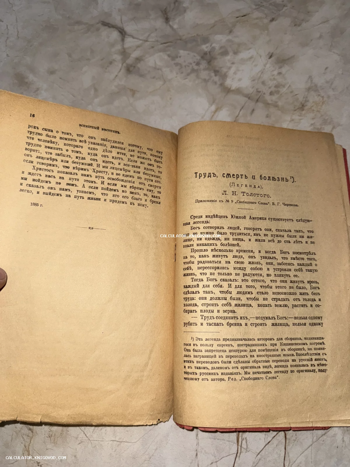 Разворот старинной книги с текстом Льва Толстого, напечатанным дореволюционным шрифтом на пожелтевшей бумаге.