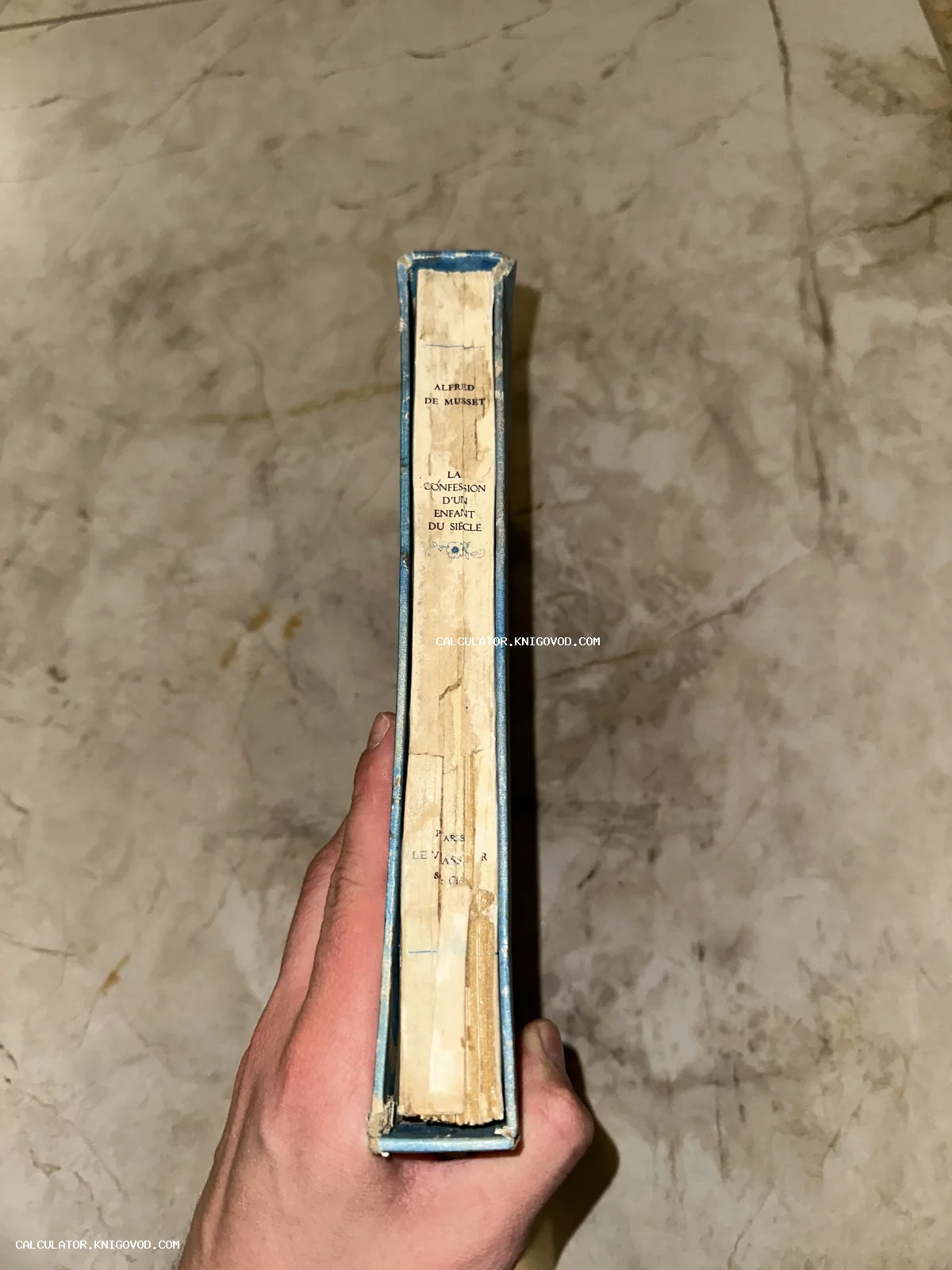 Корешок антикварной книги Альфреда де Мюссе «La Confession d'un enfant du siècle» в синем переплете с бумажной этикеткой.