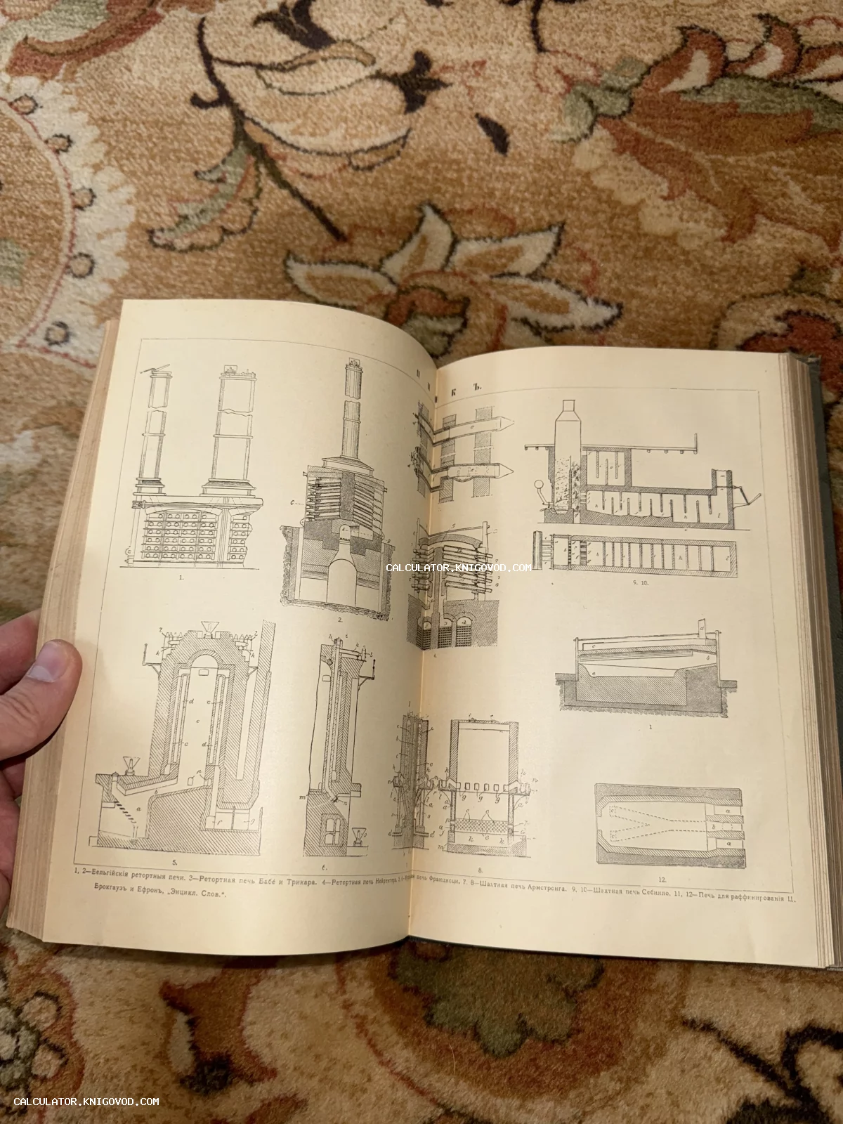 Разворот антикварной книги с детальными схемами промышленных ретортных печей конца XIX века.