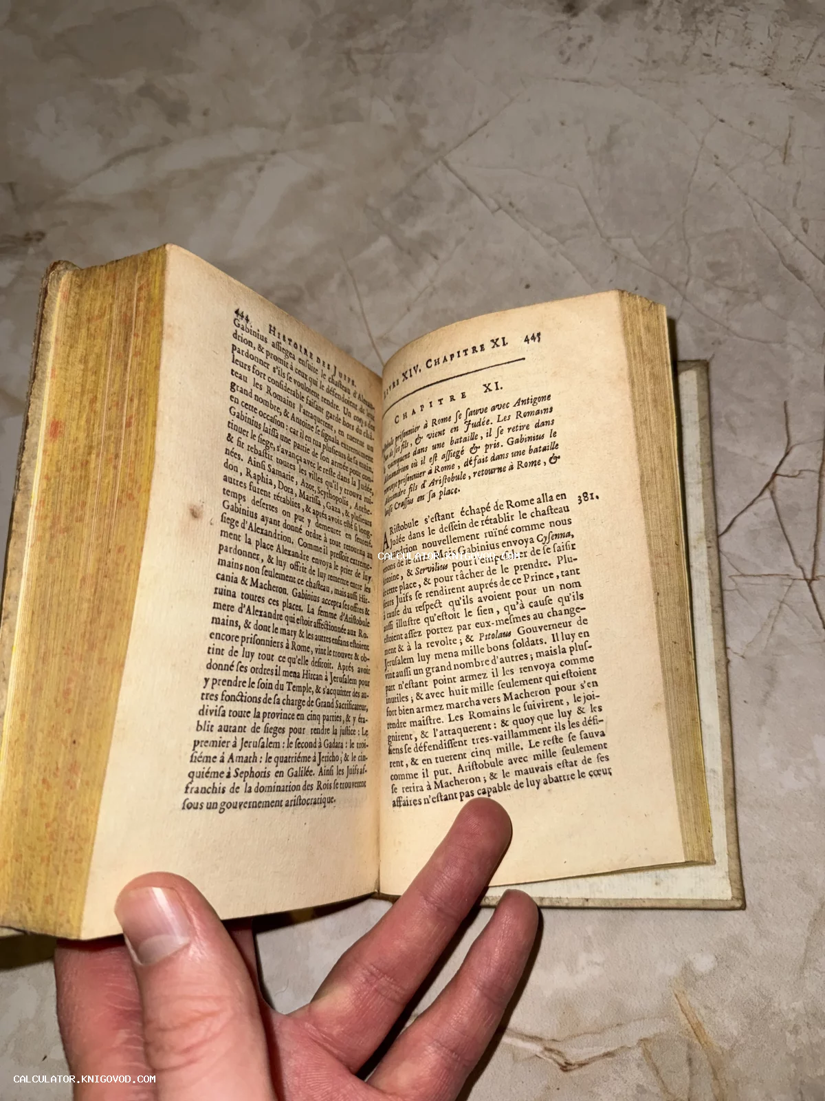 Раскрытая старинная книга XVIII века с французским текстом, пожелтевшие страницы и золоченый обрез.