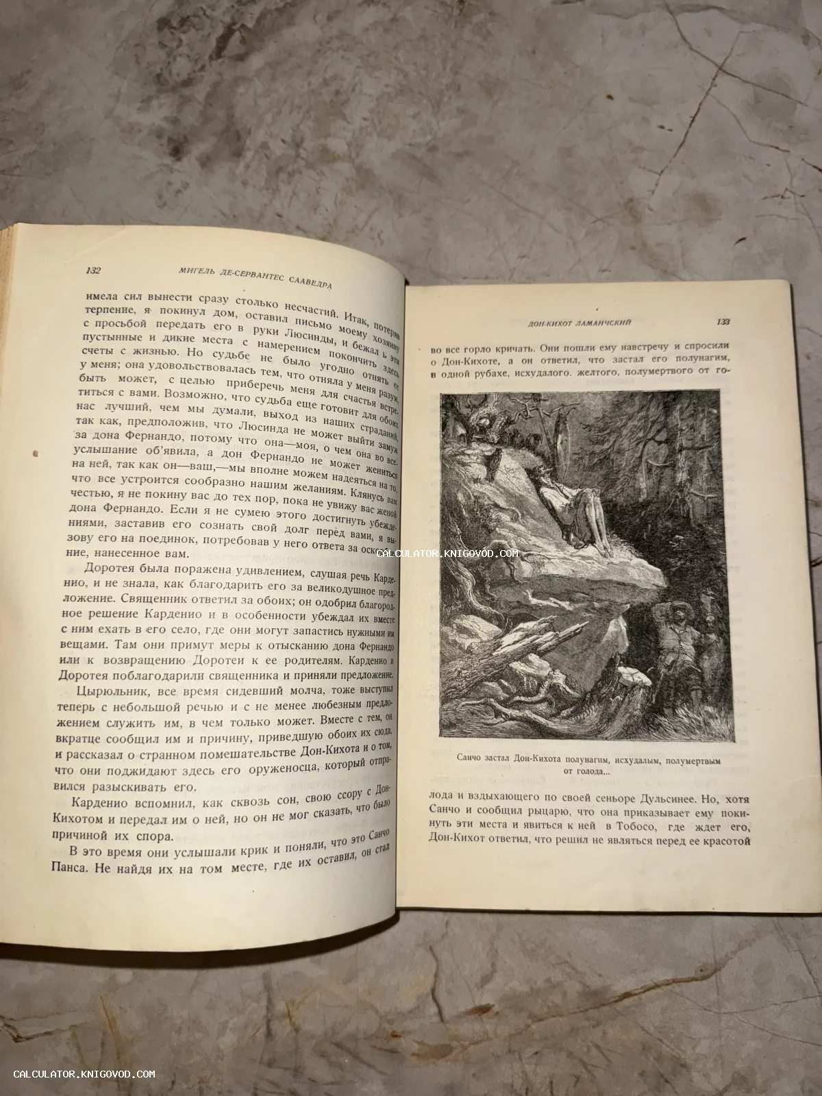 Разворот старой книги на русском языке с иллюстрацией, изображающей истощенного Дон Кихота в лесу.