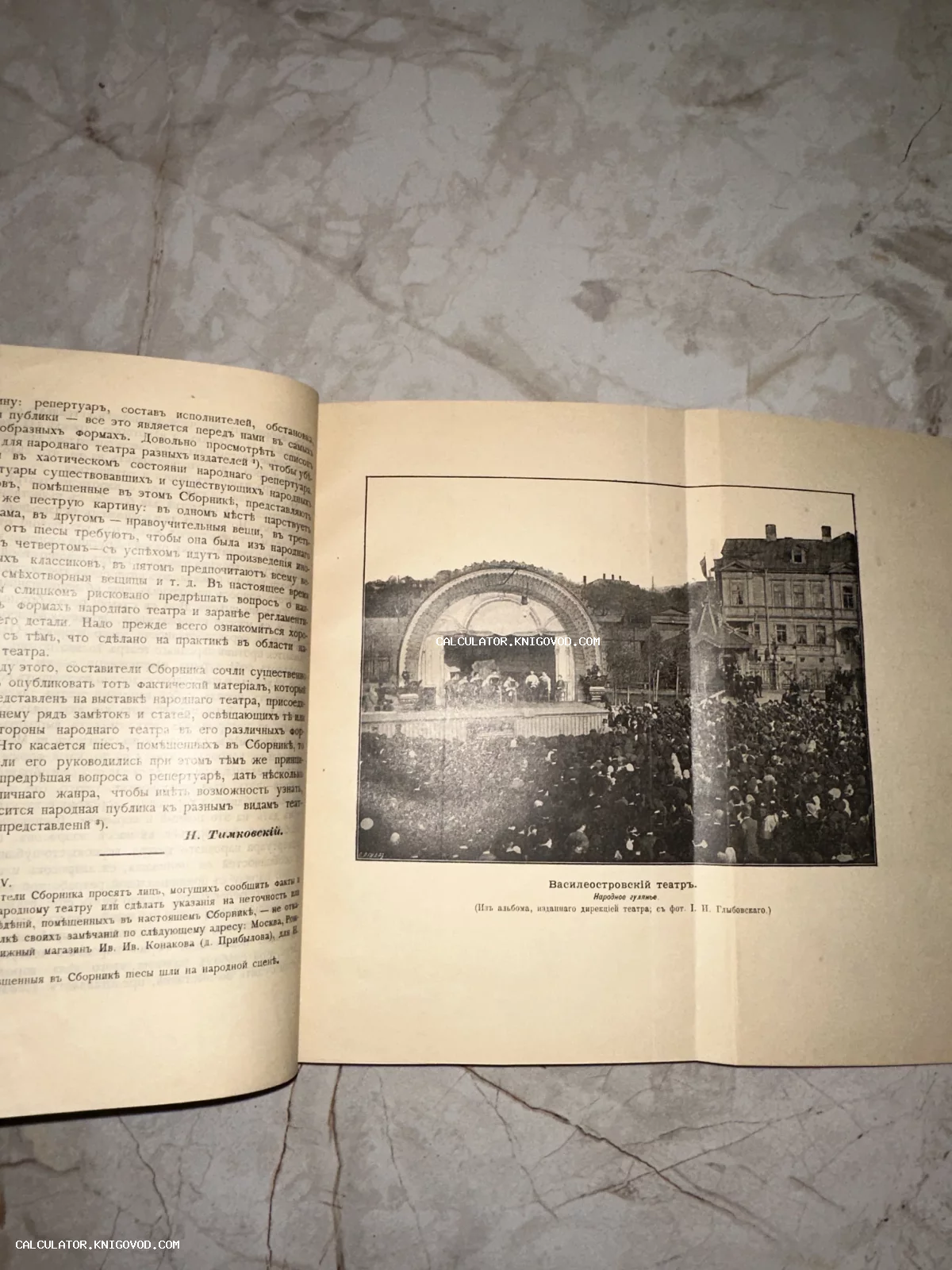 Разворот старинной книги с черно-белой фотографией Василеостровского театра и толпой людей на народном гулянье в Санкт-Петербурге.