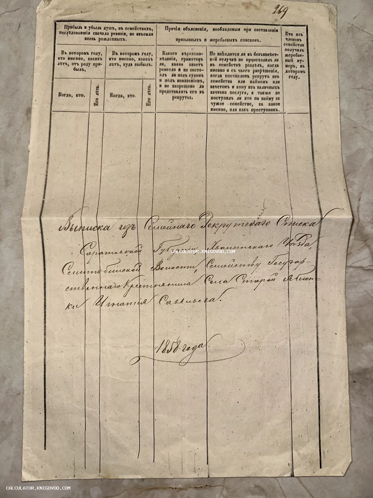 Рукописный документ 1858 года на старинном печатном бланке, касающийся рекрутского учета в Саратовской губернии.