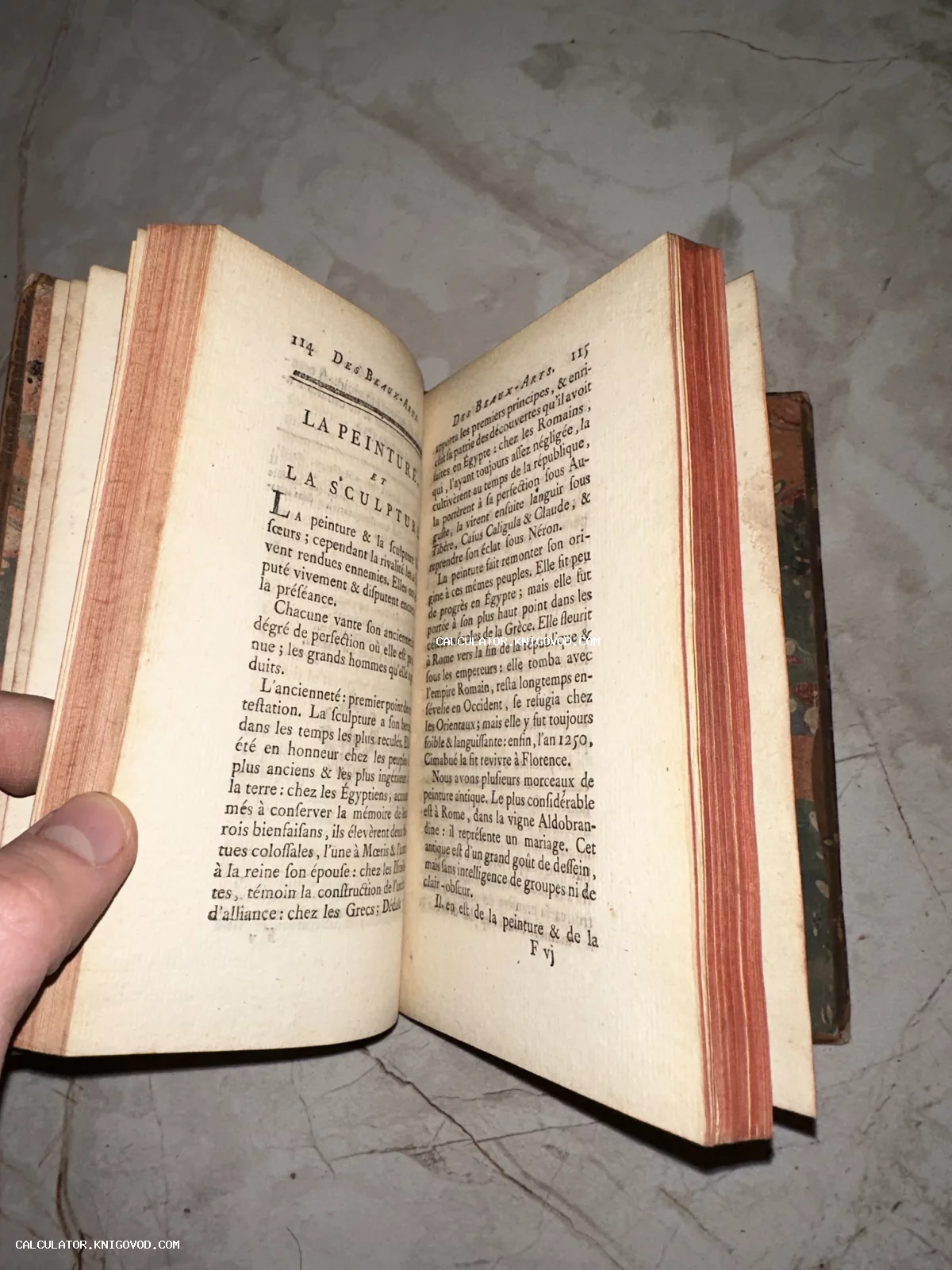 Разворот старинной книги на французском языке с текстом о живописи и скульптуре, красные крапчатые обрезы страниц.