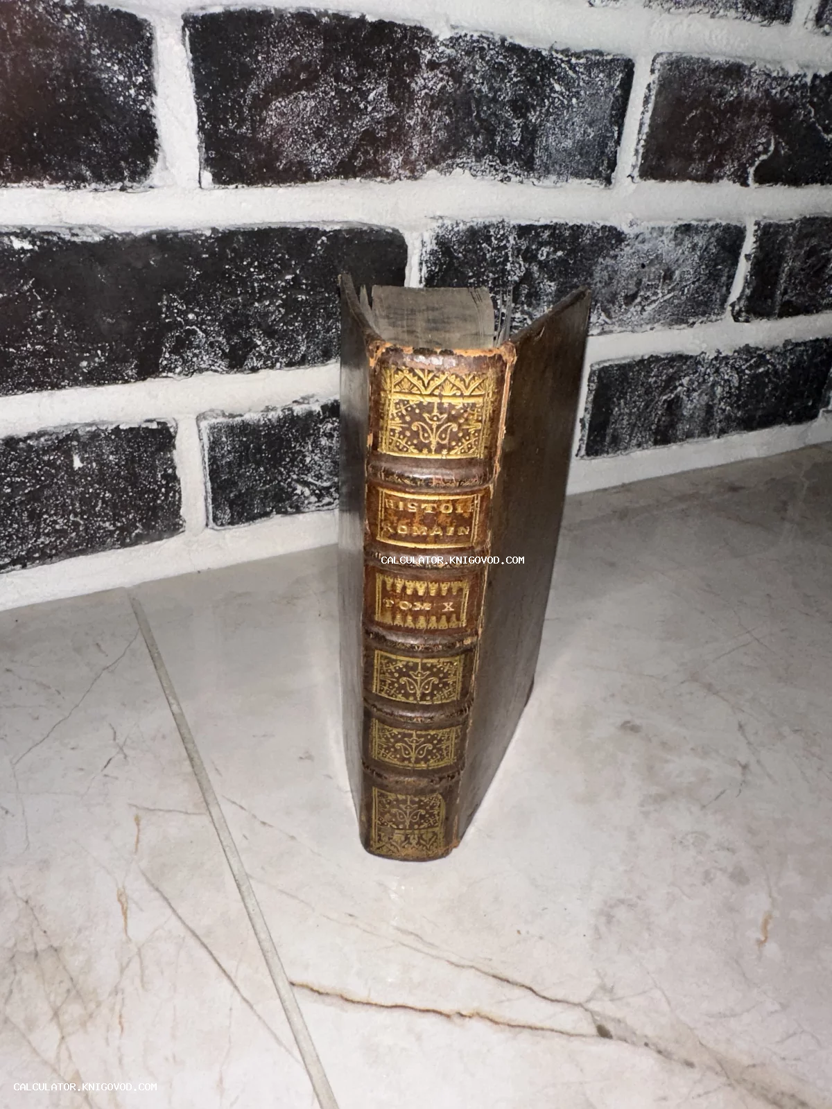 Старинная книга в кожаном переплете с золотым тиснением на корешке, стоящая на мраморном полу на фоне кирпичной стены.