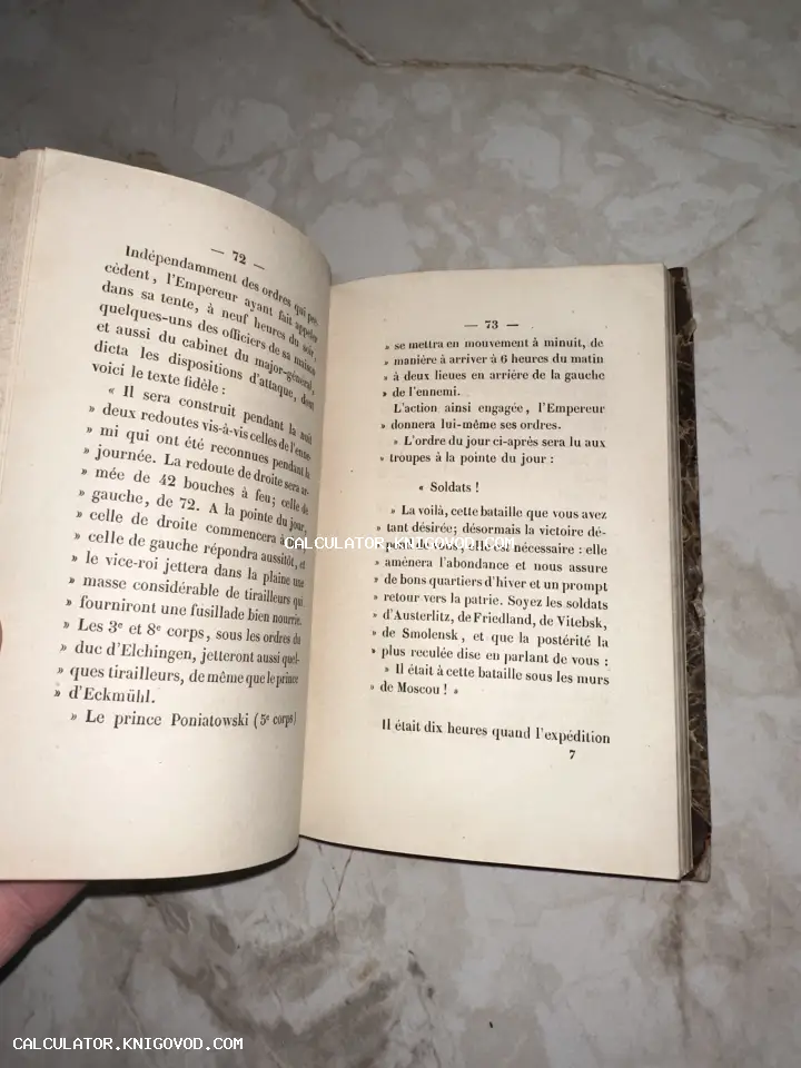Разворот антикварной французской книги с текстом о приказах императора Наполеона и упоминанием городов Аустерлиц, Витебск, Смоленск и Москва.