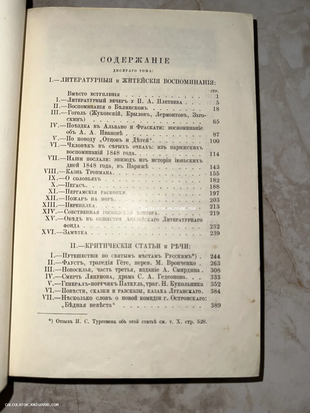 Страница антикварной книги с оглавлением десятого тома, напечатанная дореволюционным шрифтом.