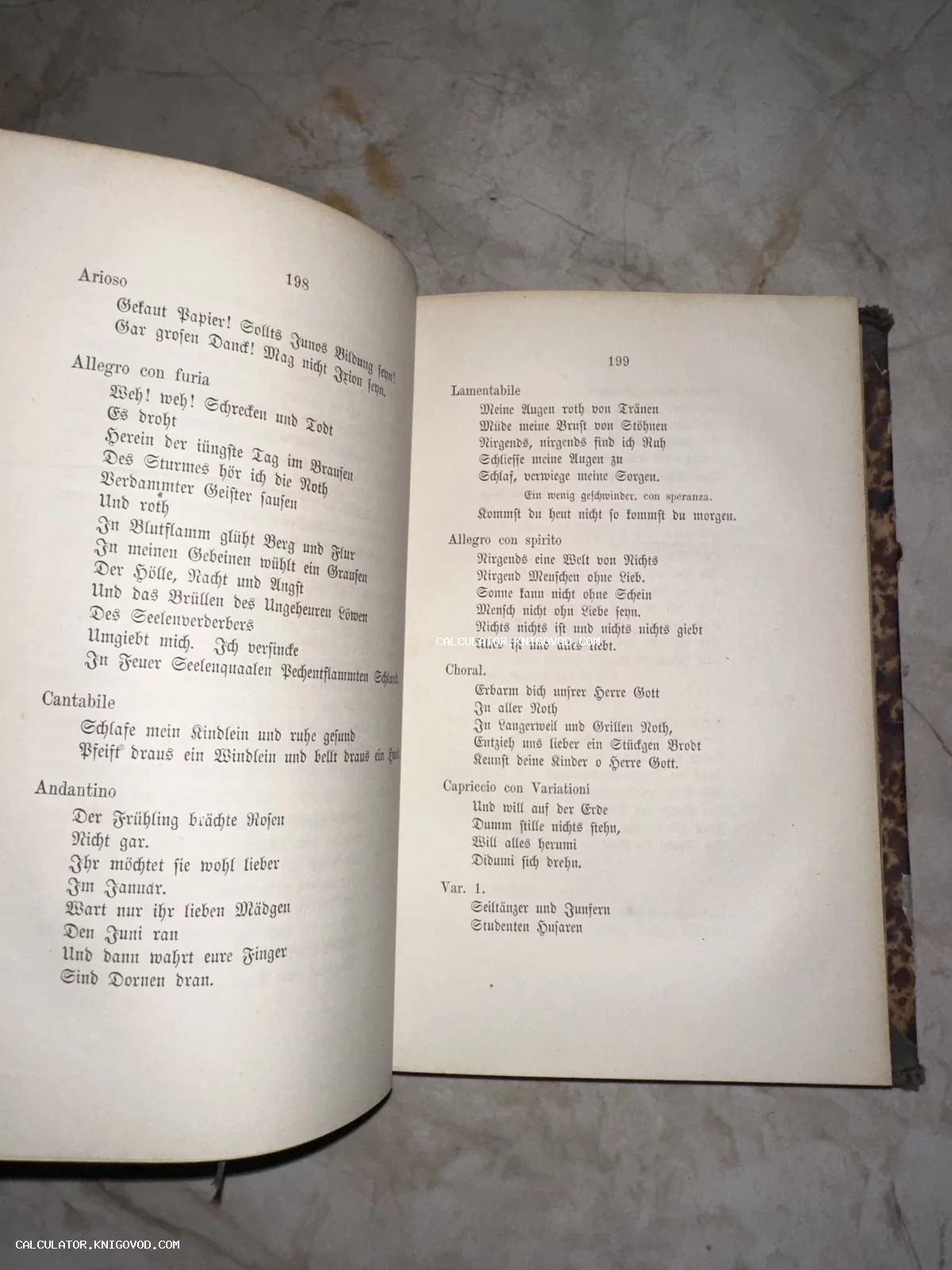 Разворот старинной книги на немецком языке с готическим шрифтом, страницы 198 и 199.