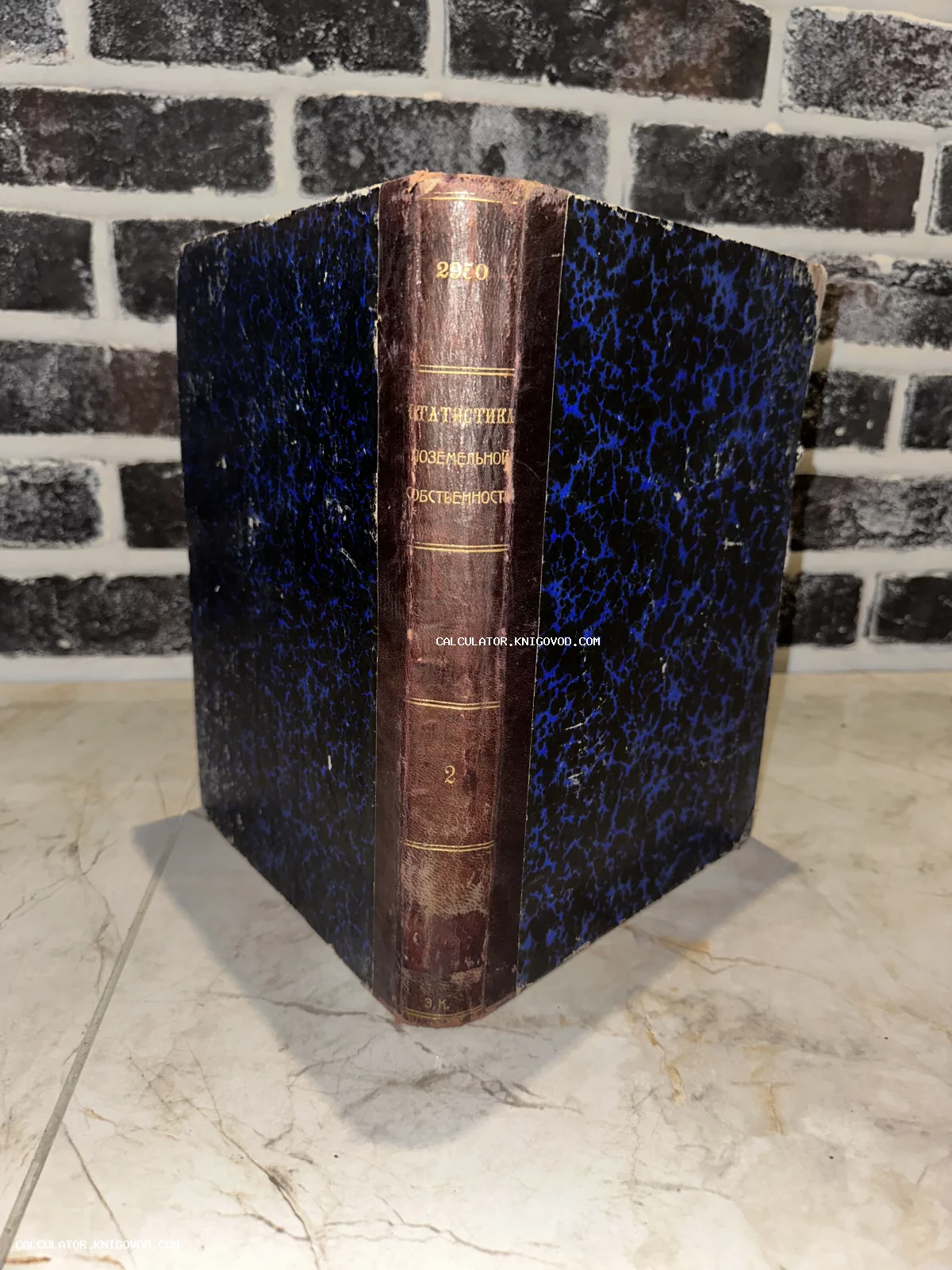 Старинная книга в полукожаном переплете с синей мраморной бумагой и золотым тиснением на кожаном корешке.