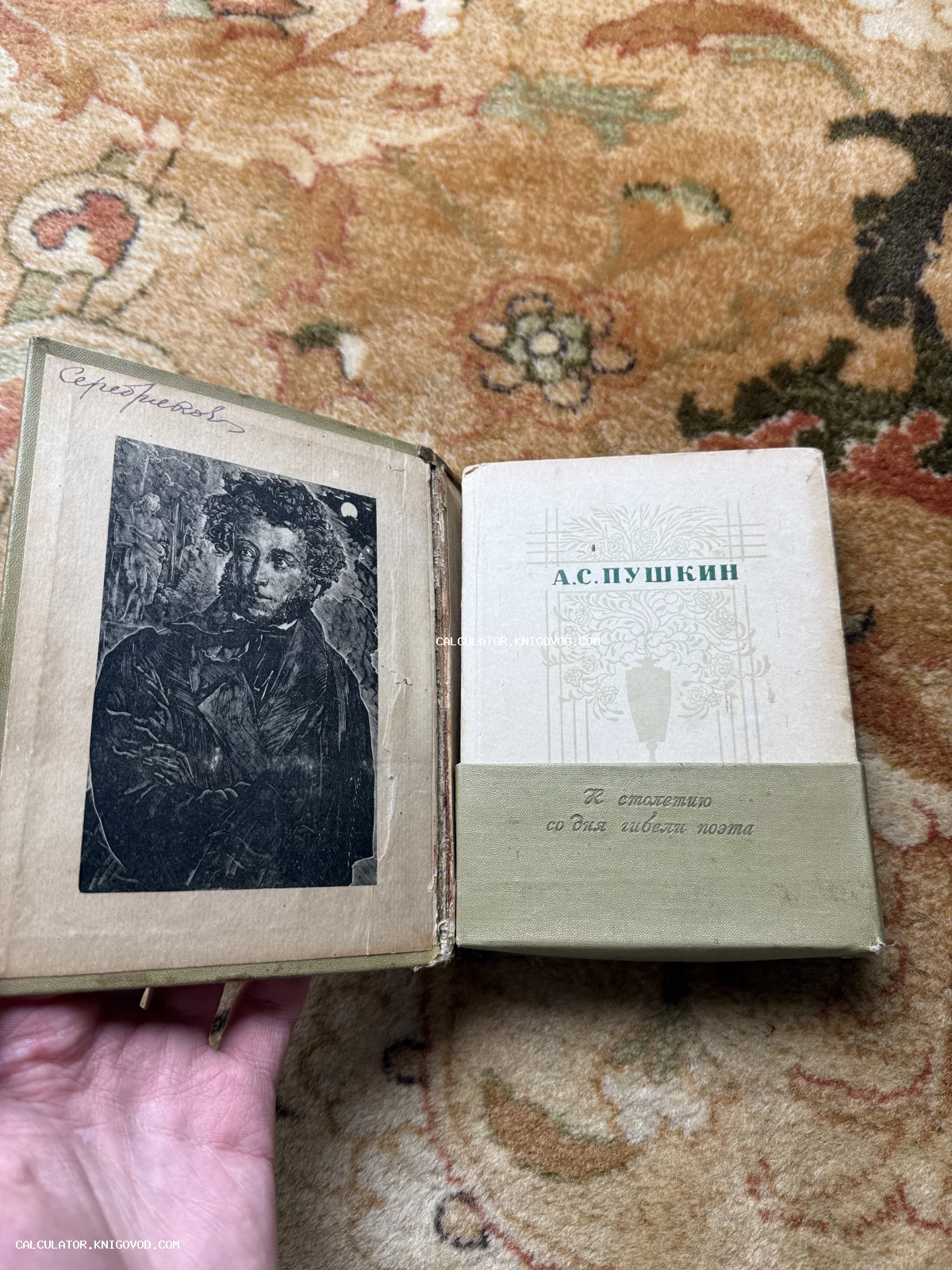 Раскрытая старинная книга А. С. Пушкина 1937 года с портретом поэта и надписью к столетию со дня гибели на обложке.