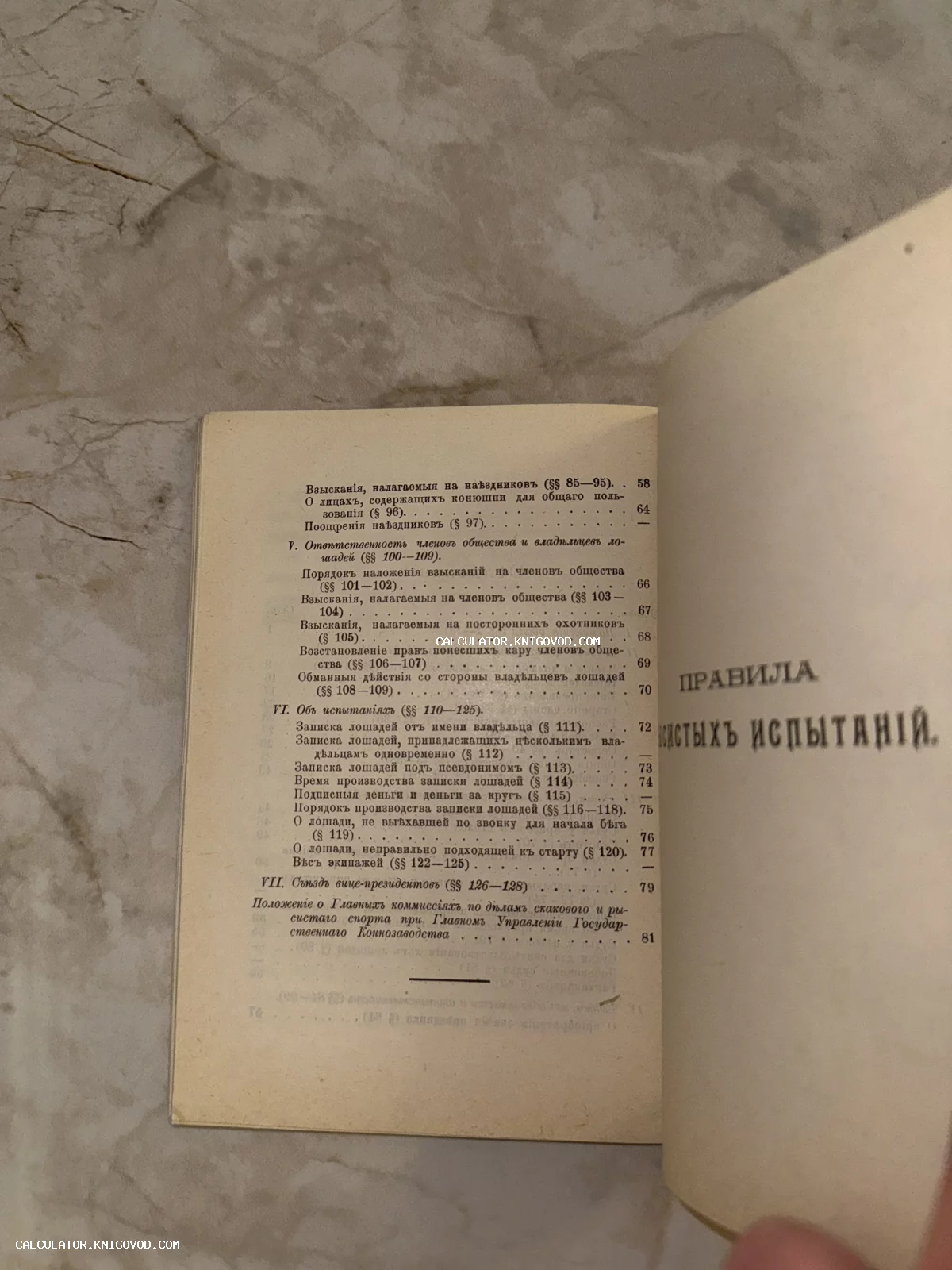 Страница оглавления антикварной книги с правилами конных испытаний, напечатанная дореволюционным шрифтом на пожелтевшей бумаге.