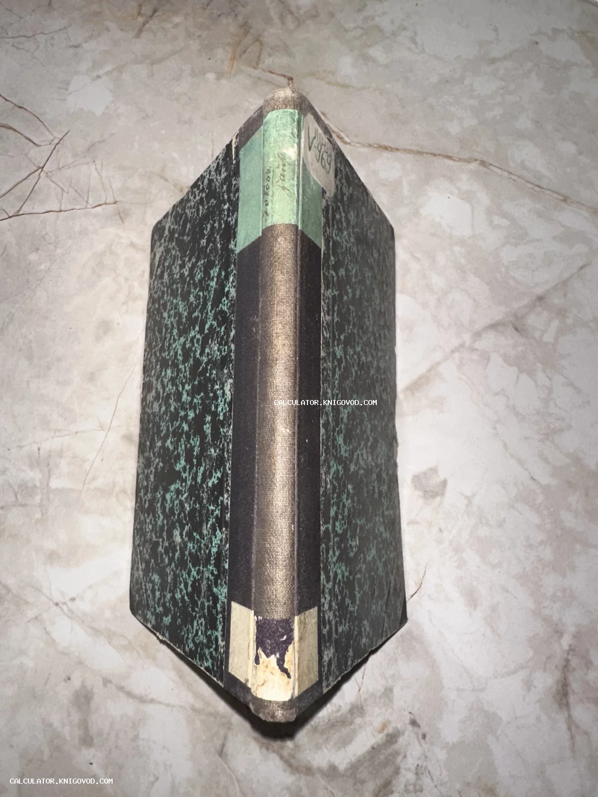 Вид сверху на корешок и обложку старинной книги с зеленым мраморным узором и бумажными наклейками.