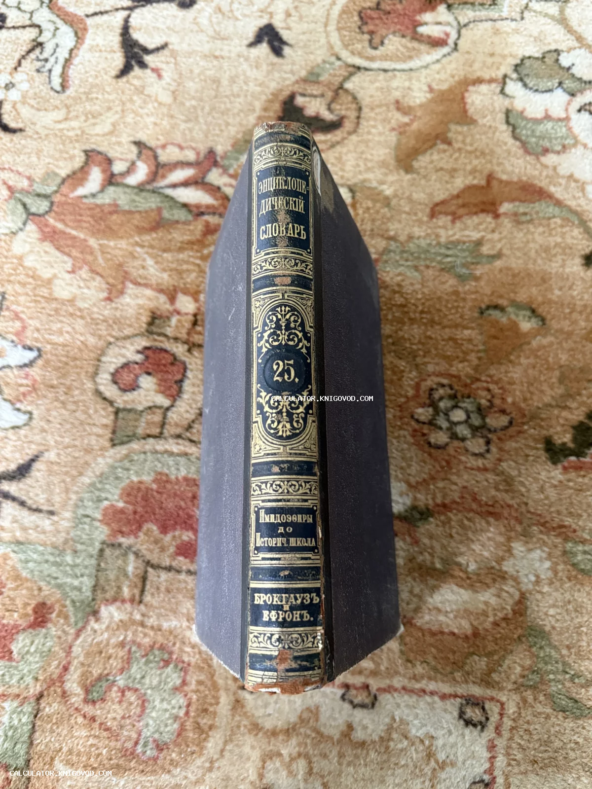 Корешок антикварного 25-го тома Энциклопедического словаря Брокгауза и Ефрона с золотым тиснением на фоне ковра.