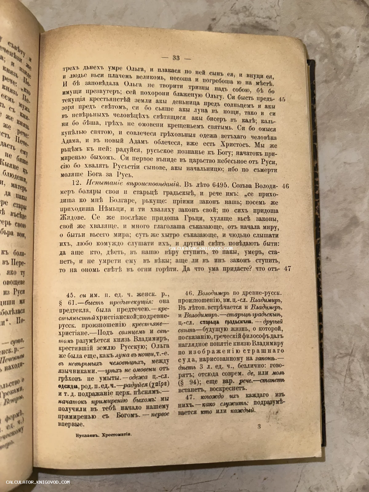 Разворот антикварной книги Ф. Буслаева с текстом о княгине Ольге на дореволюционном русском языке.