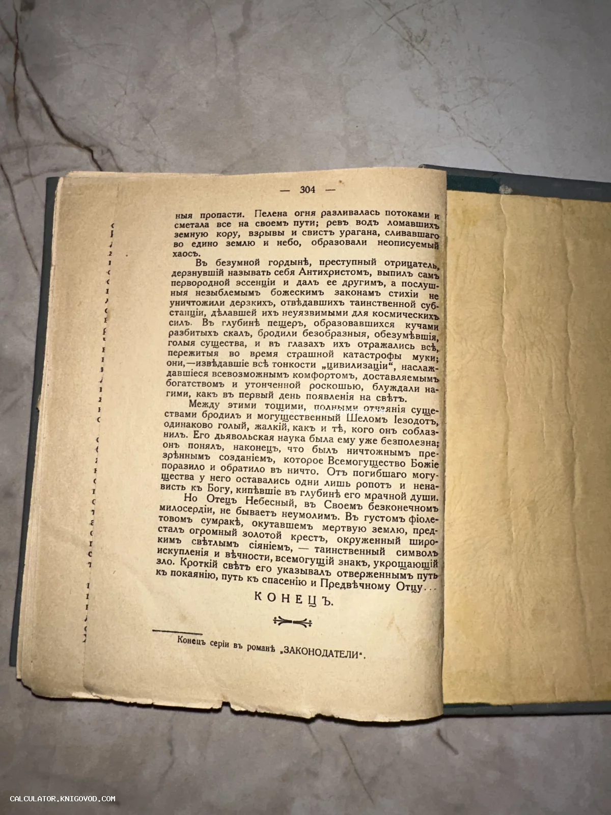 Разворот старинной книги с текстом на дореволюционном русском языке, страница 304 с надписью КОНЕЦЪ.